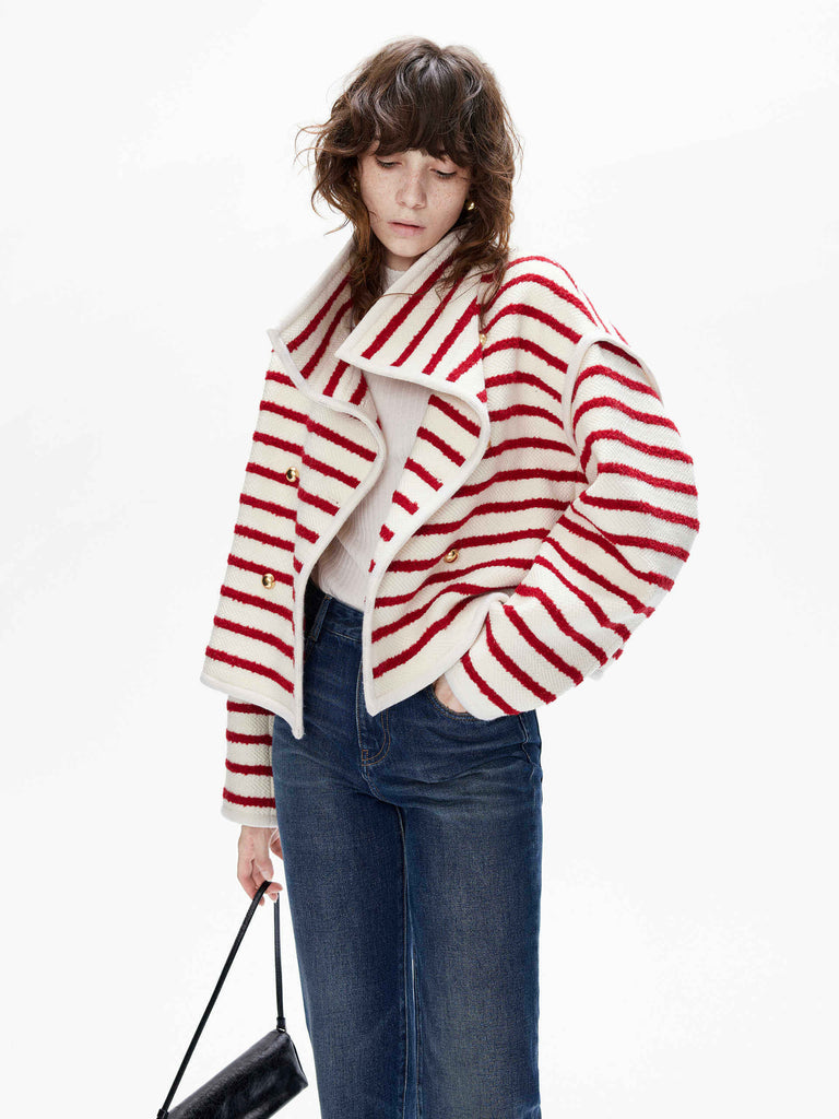 MO&Co. Women's Wool Blend Striped Funnel Neck Coat in Red and Cream