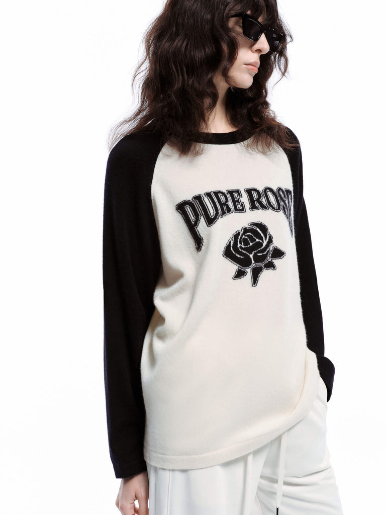 MO&Co. Women's Rose Letter Pattern Wool Cashmere Sweater Jumper Beige with Black Raglan Sleeves