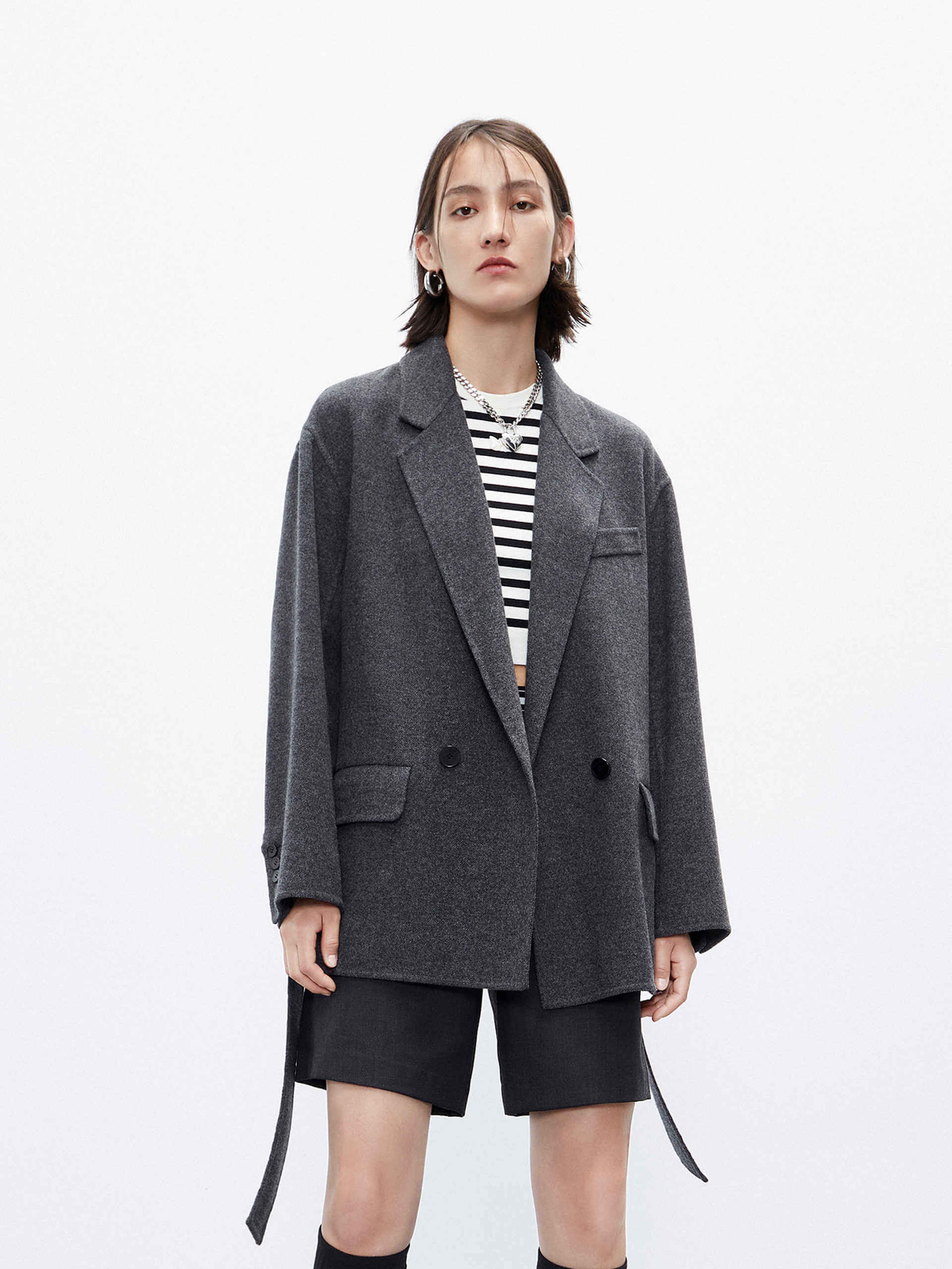 MO&Co. Women's Grey Wool Structured Blazer Coat with Belt Autumn