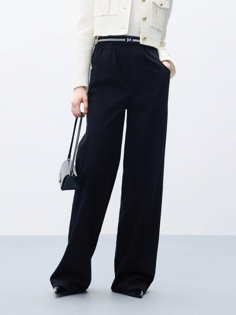 MO&Co. Women's Black Cotton Elastic Waist Wide Leg Jeans