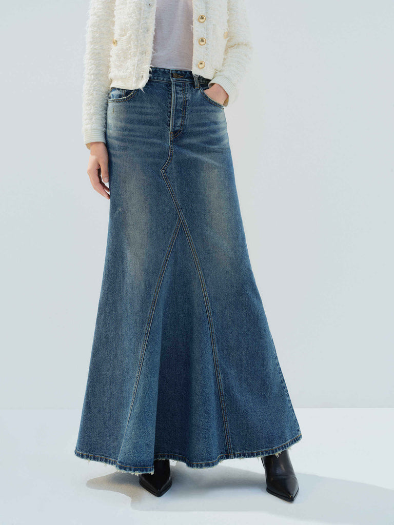 MO&Co. Noir Women's Pure Cotton A-line Paneled Denim Maxi Skirt Blue
