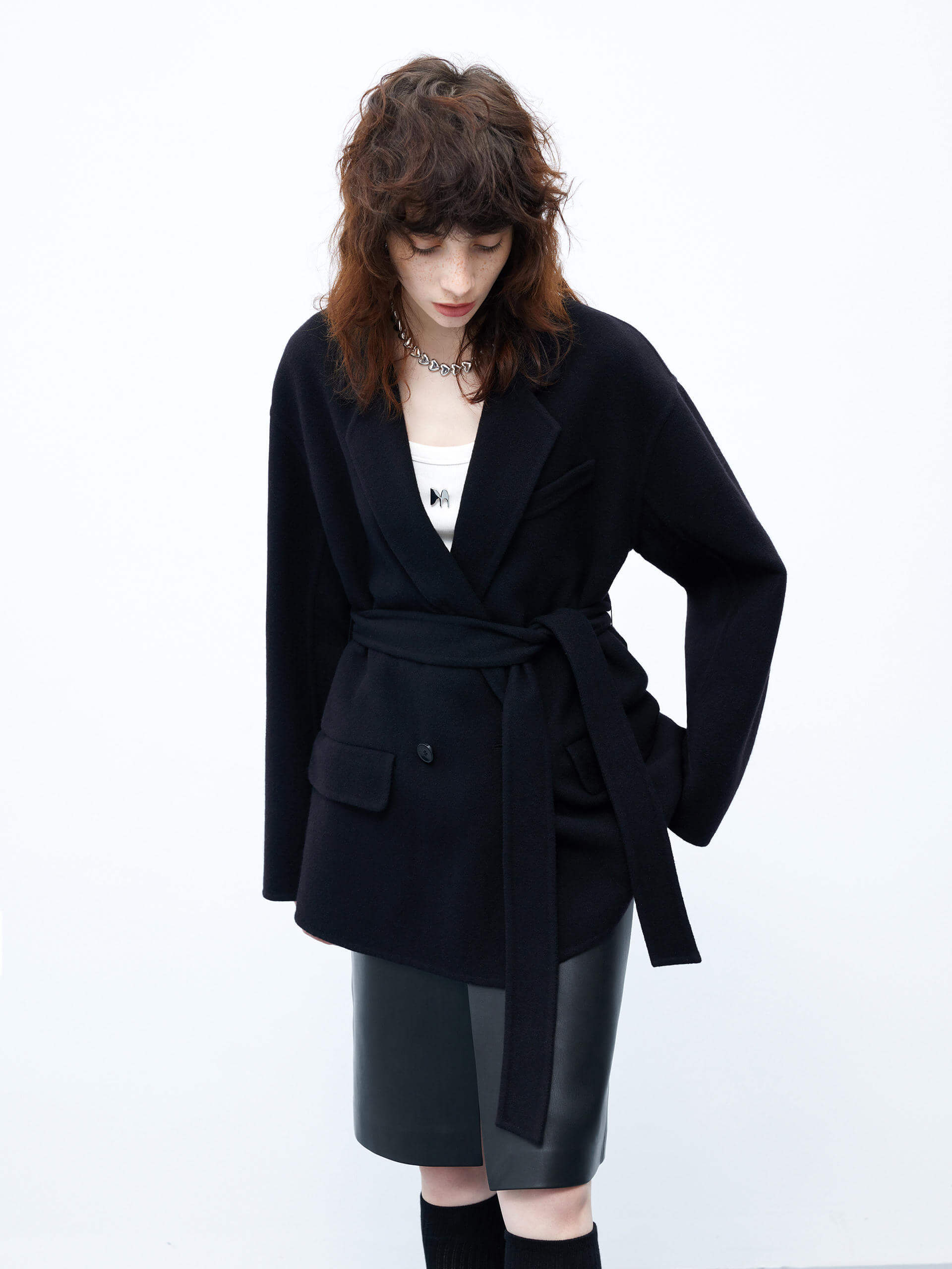 MO&Co. Women's Black Wool Structured Blazer Coat with Belt Autumn