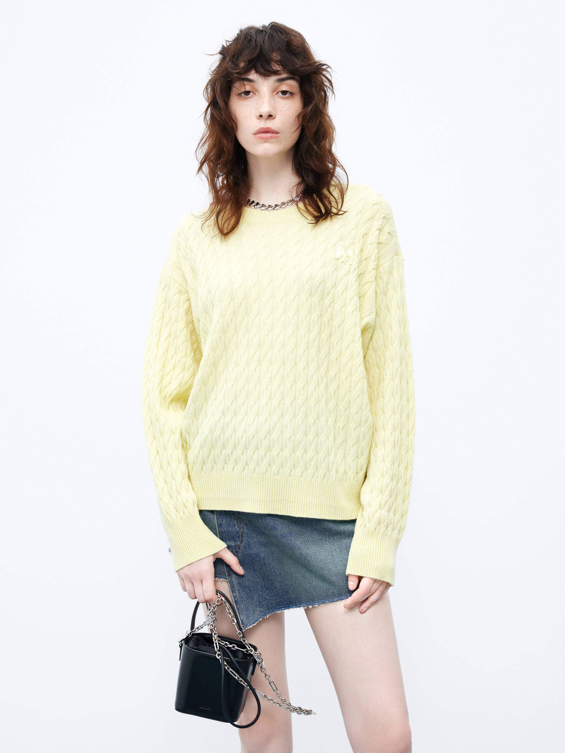 MO&Co. Women's Cable Texture Knit Wool and Cashmere Pullover Sweater in Yellow