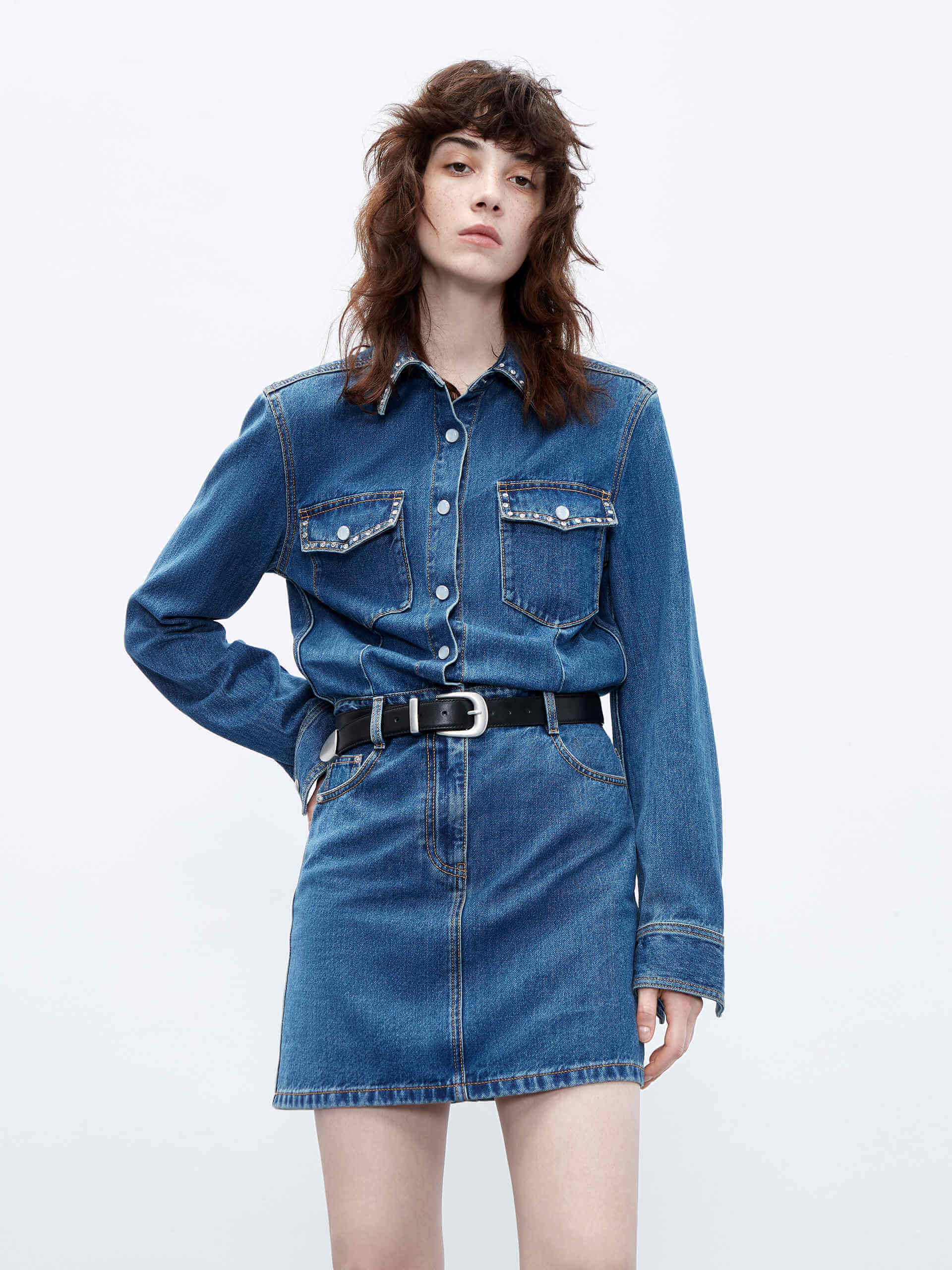 MO&Co. Women's Blue Long Sleeve Shirt Denim Mini Dress with Rhinestone Details