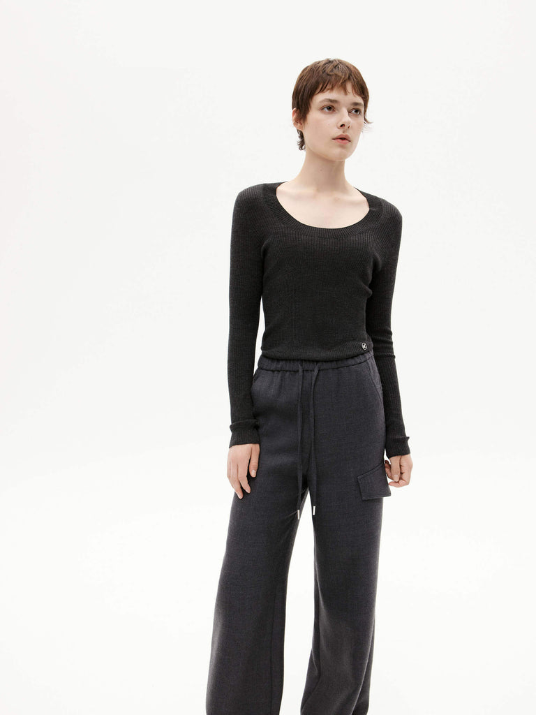 MO&Co. Women's Merino Fine Rib Knit Top Long Sleeves in Dark Grey