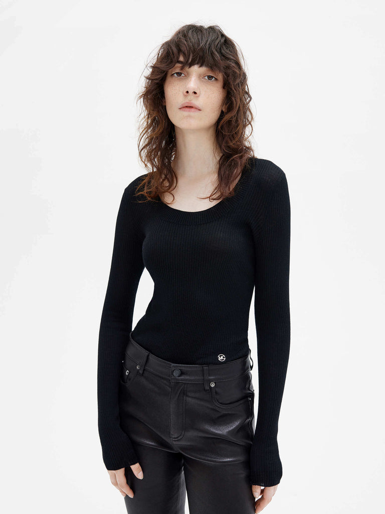 MO&Co. Women's Merino Fine Rib Knit Top Long Sleeves in Black