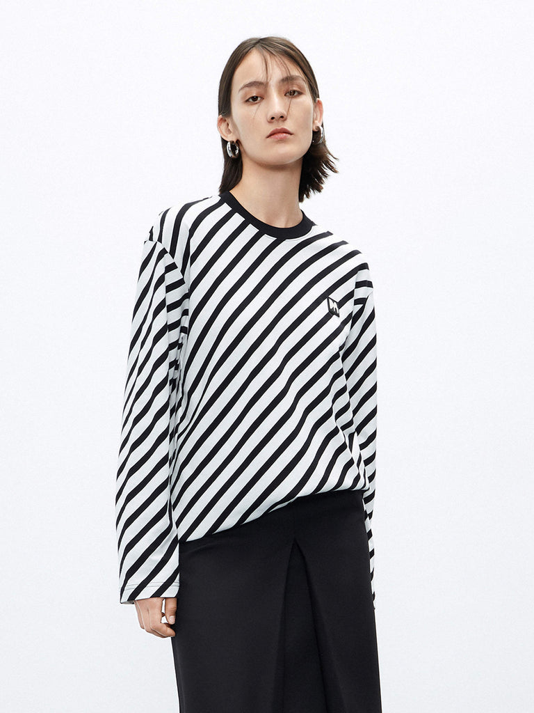 MO&Co. Women's 100% Cotton Relaxed Long Sleeve Striped T-shirt