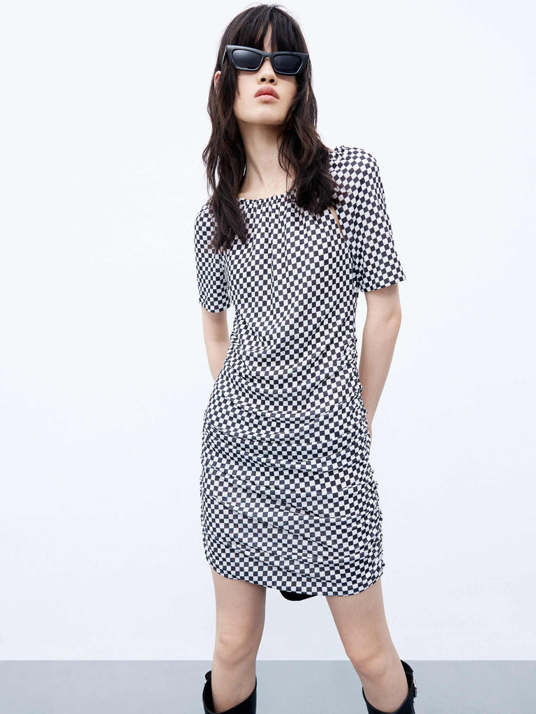 MO&Co. Women's Checkered Open Back Draped Mini Dress