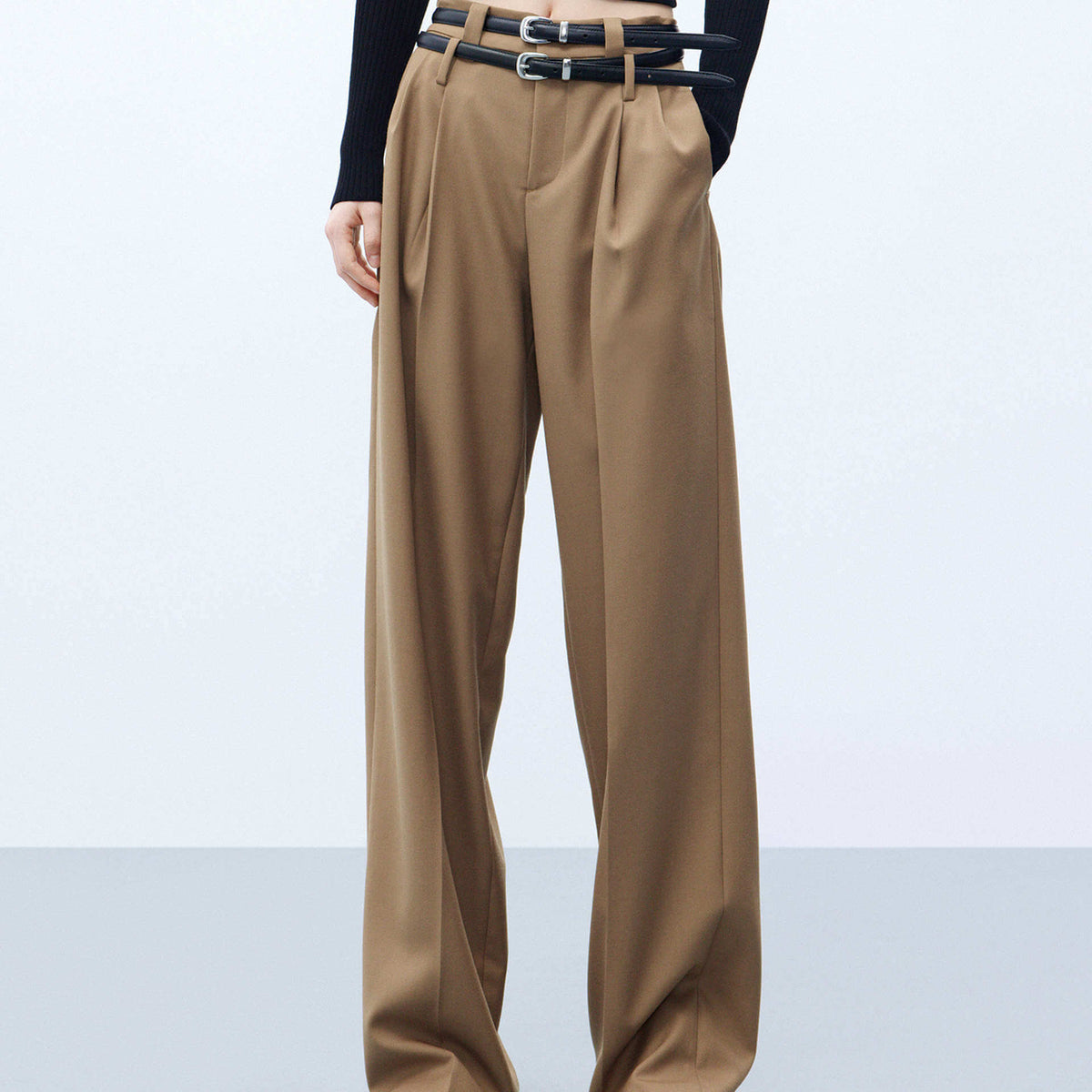 Pleated Belt Wide Leg Pants