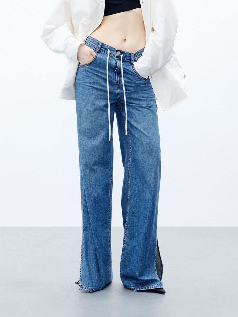 MO&Co. Women's Blue High-rise Drawstring Slit Hem Wide Leg Jeans