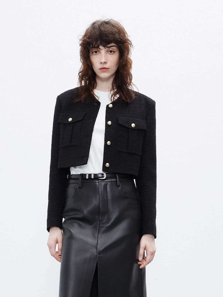 MO&Co. Women's Black Boxy Fit Pocket Jacket Collarless Coat