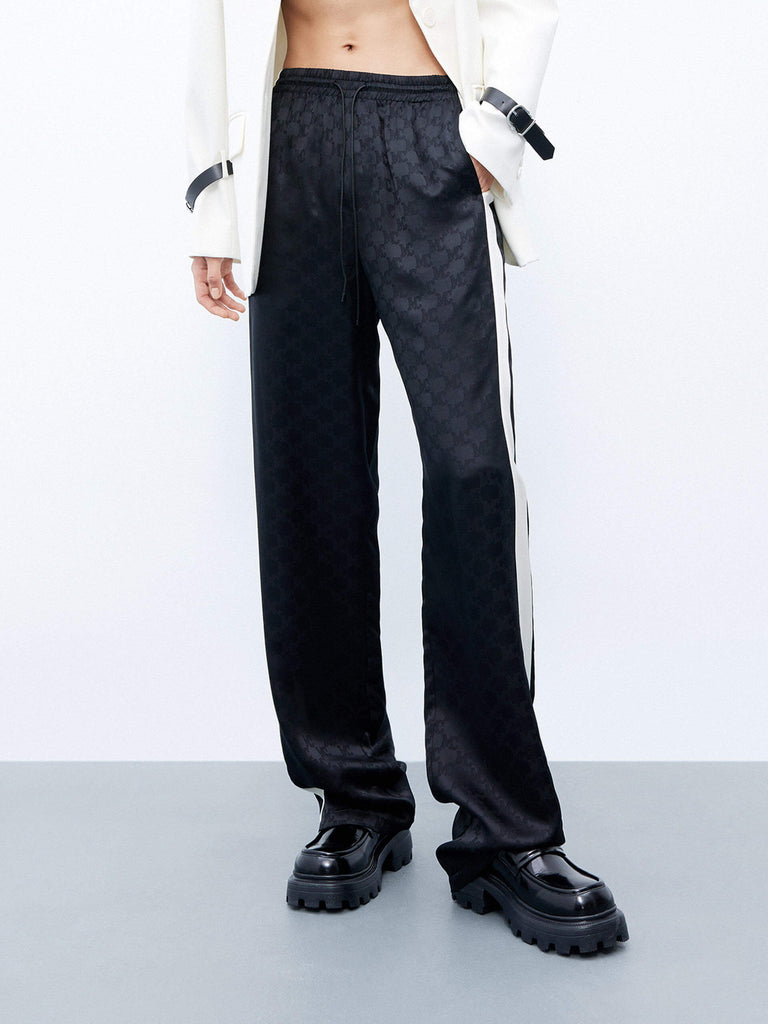 MO&Co. Women's Black Silk Blend Contrast Elastic Waist Track Pants with Monogram Jacquard