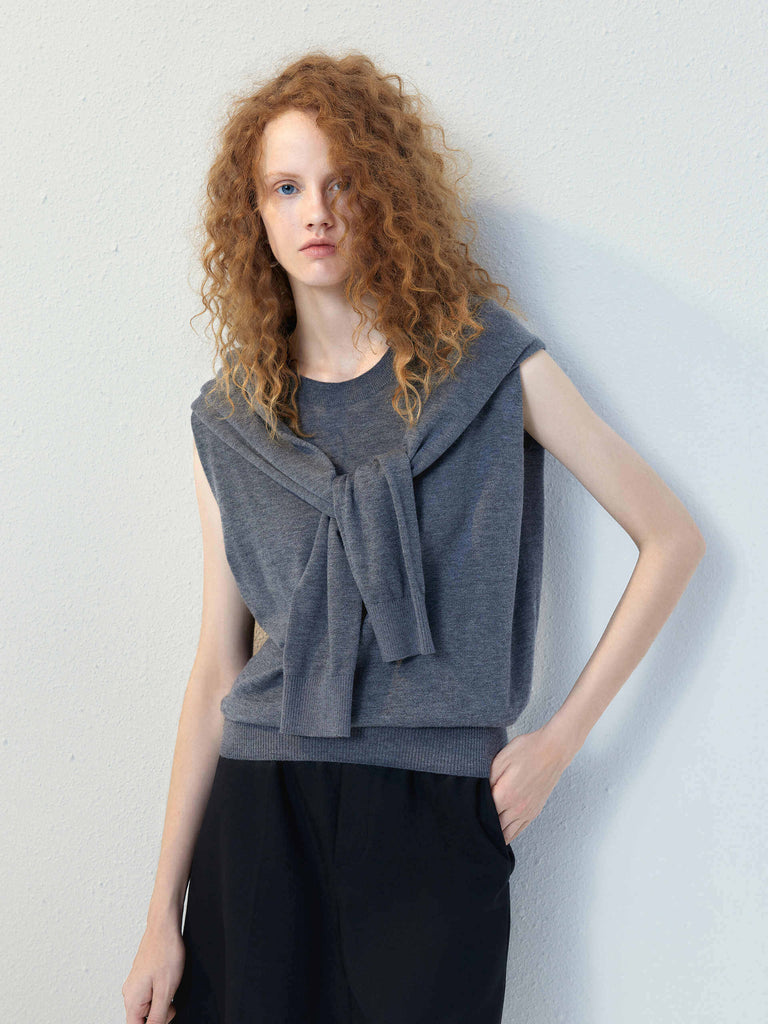 MO&Co. Women's Grey Wool Sleeveless Sweater with Flannel Tied Around Shoulder