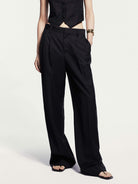 MO&Co. Noir Women's Fine Striped Wide Leg Wool Blend Pants in Black. Crafted from a luxurious wool blend, these wide-leg trousers offer both style and comfort for the cool season.