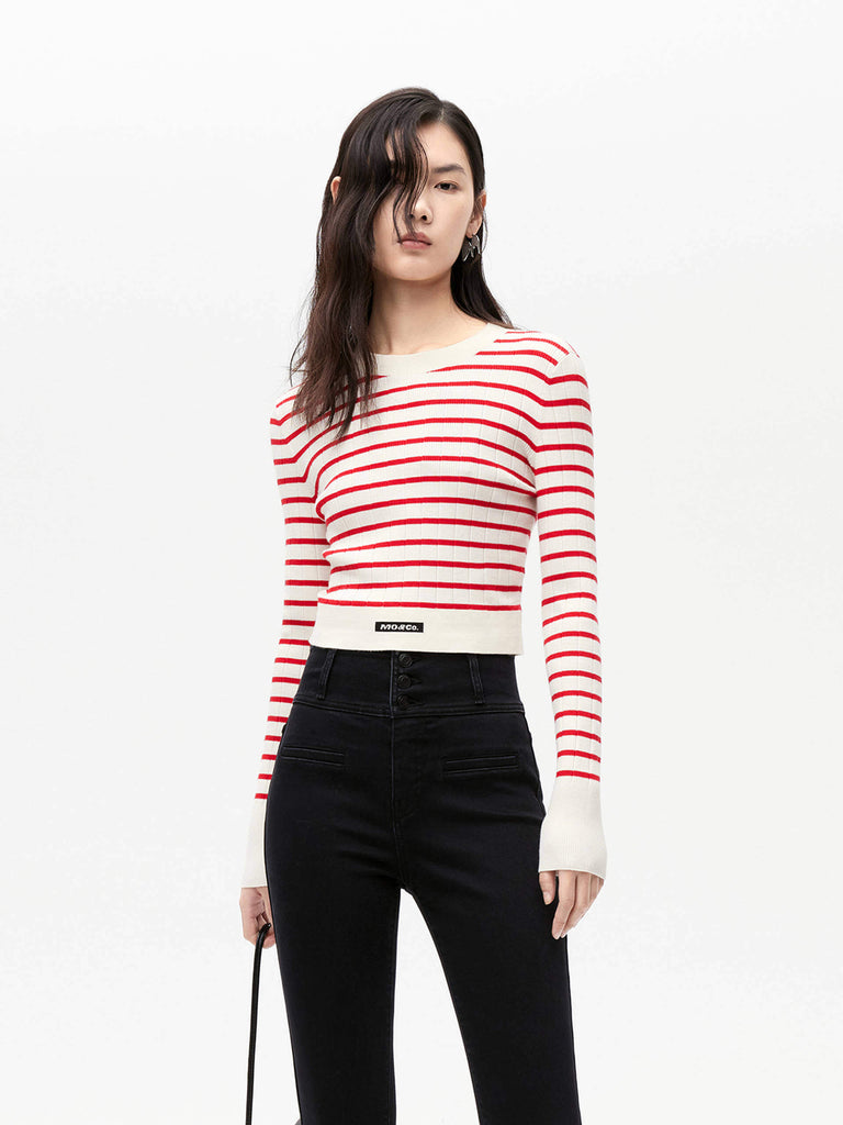 MO&Co. Women's Cropped Tight Fit Striped Rib Knit Top Long Sleeves in White and Red