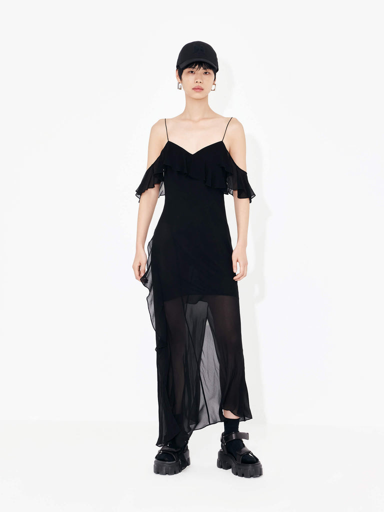 MO&Co. Women's Maxi Chiffon Slip Dress in Black features frill details, adjustable straps, cold shoulders, back slit detail, and recycled fiber material.