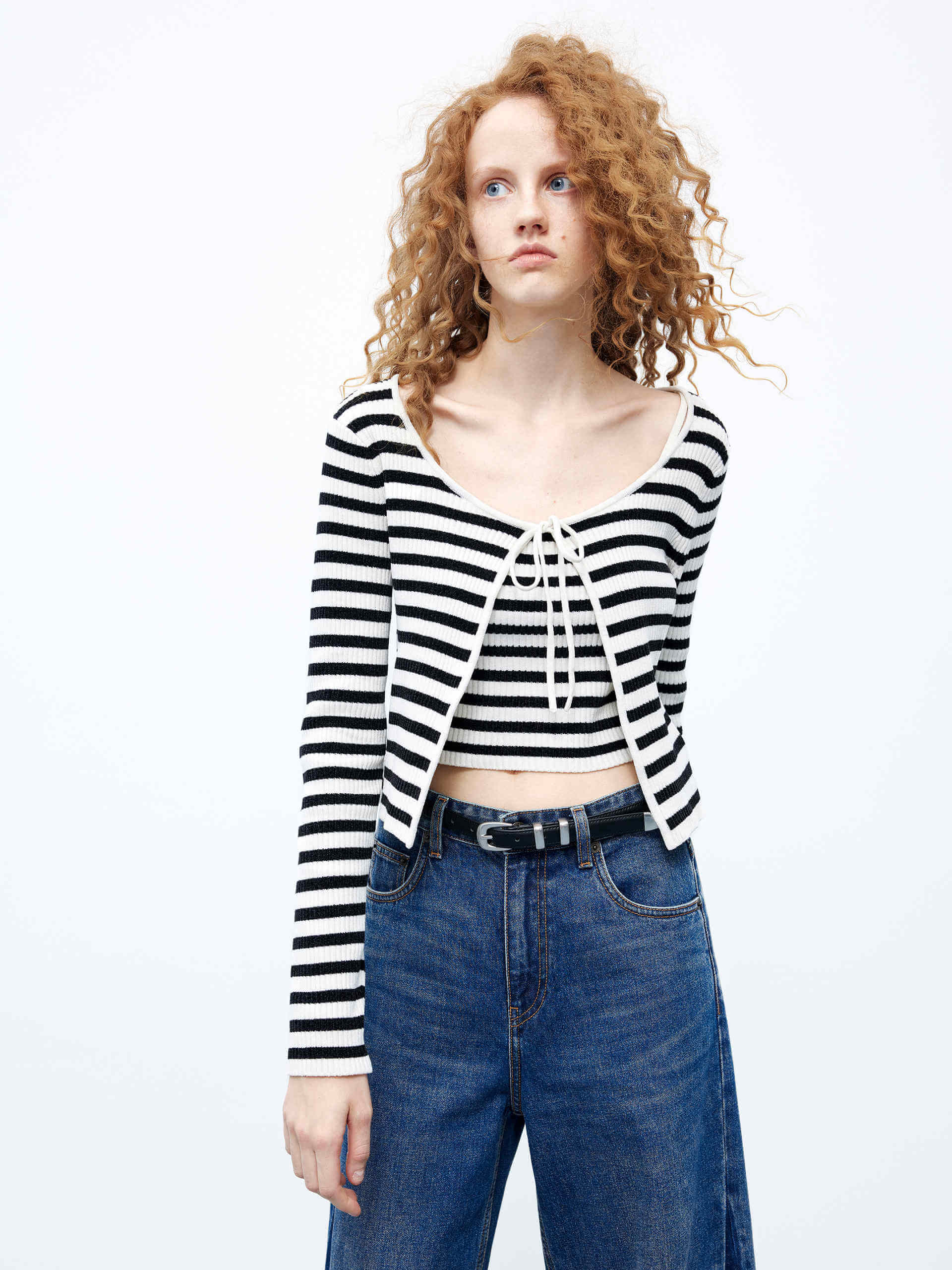 MO&Co. Women's Striped Crop Cardigan Set with Spaghetti Tank Top