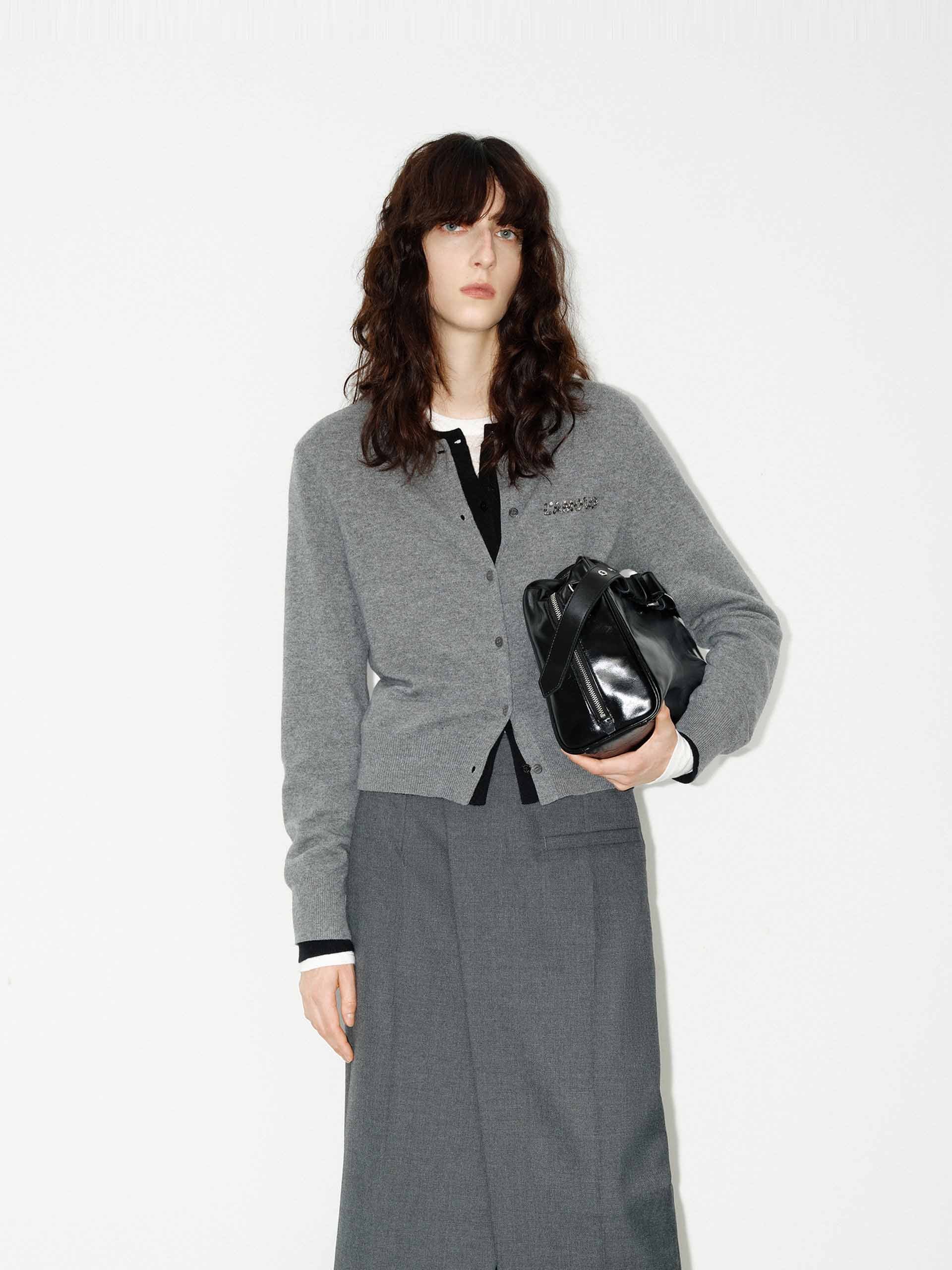 MO&Co. Women's Wool and Cashmere Blend Sequin Detail Regular Cardigan in Grey