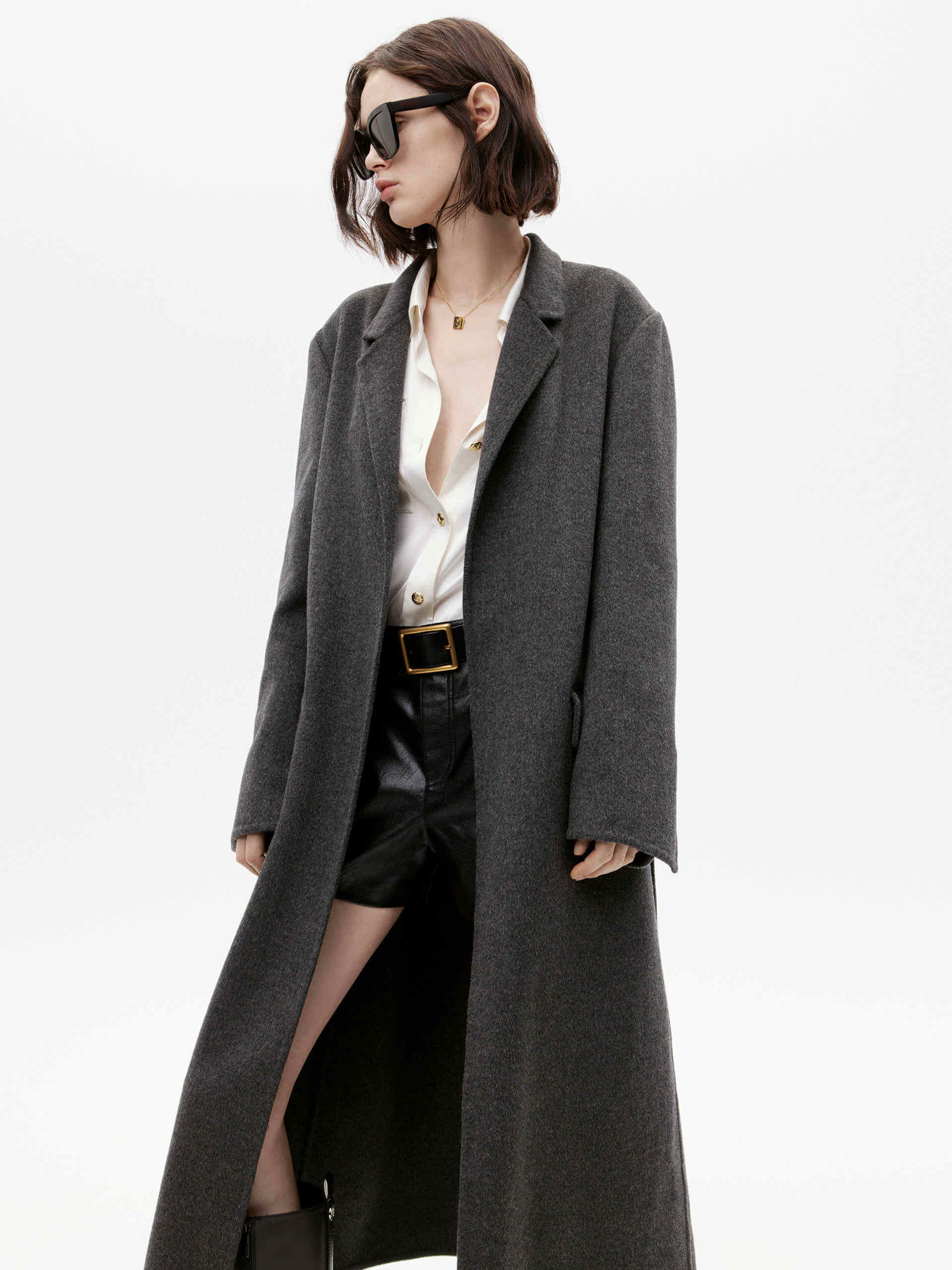 MO&Co. Women's Dark Grey Belted Double Faced Wool Long Coat