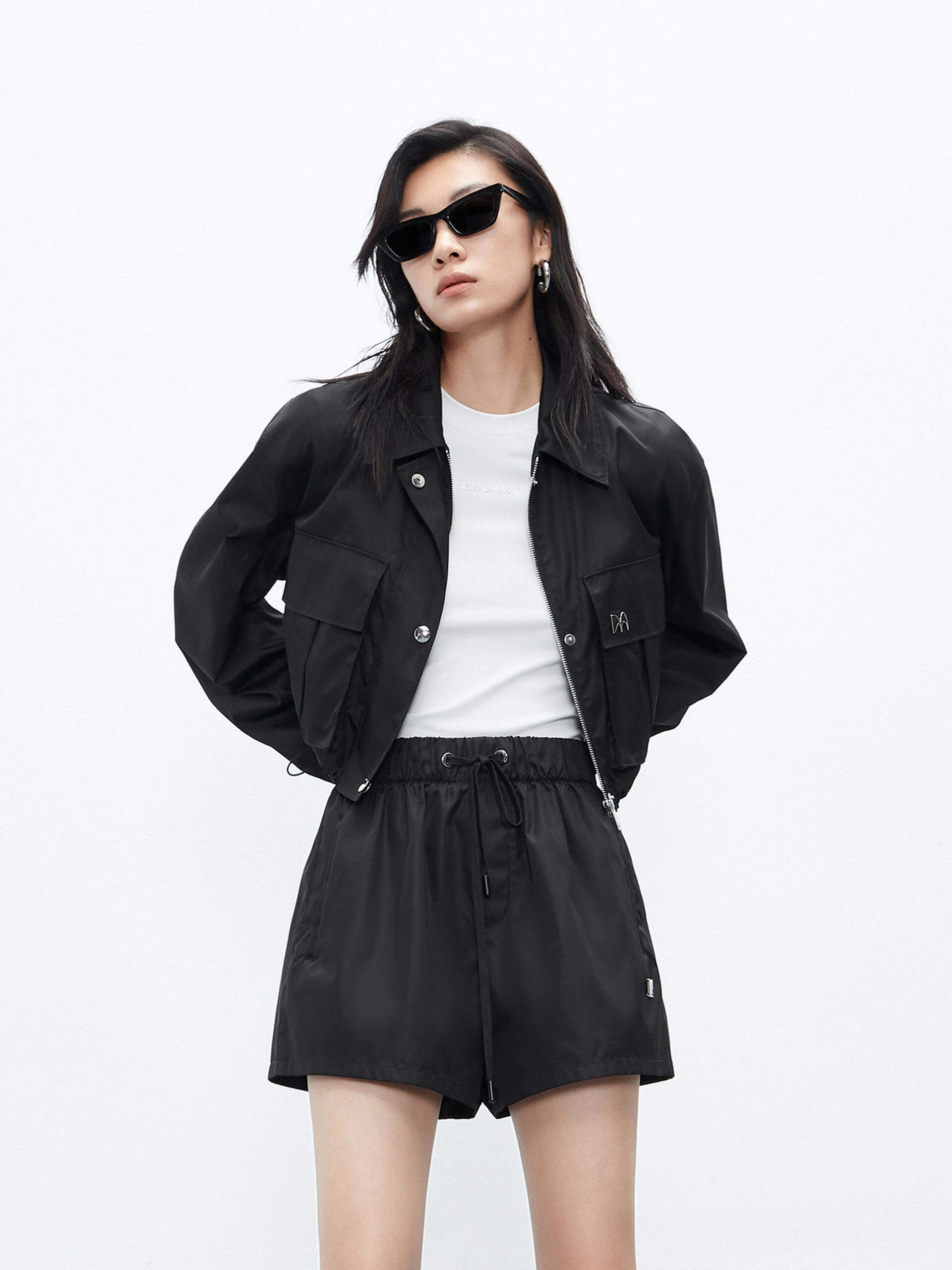 MO&Co. Women's Black Flat Pocket Drawstring Hem Crop Jacket