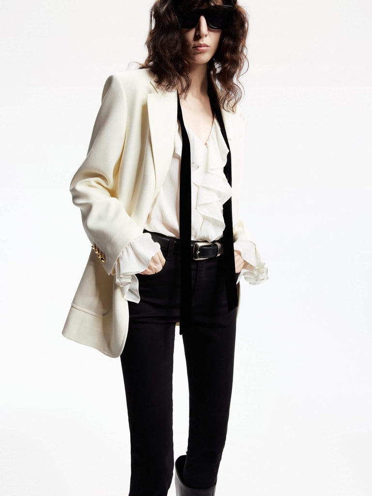 MO&Co. Women's Single Breasted Wool Blend Textured Tailored Blazer in Cream with multi pockets