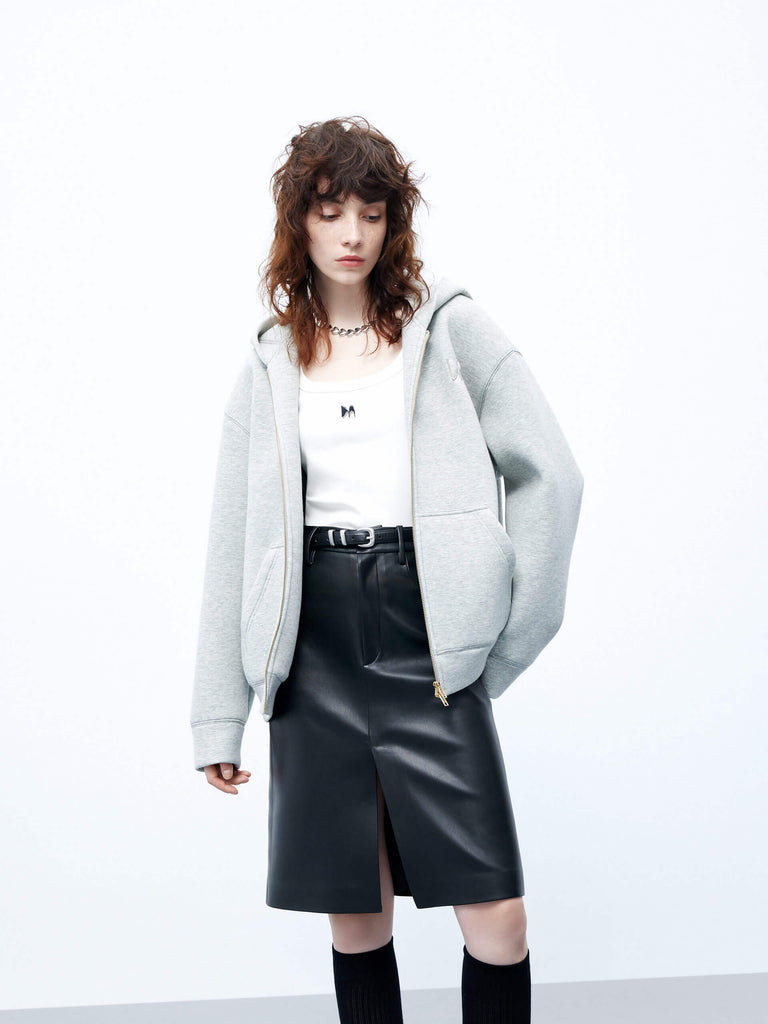 MO&Co. Women's Grey Cotton Blend Two Way Zipper Hoodie Jacket