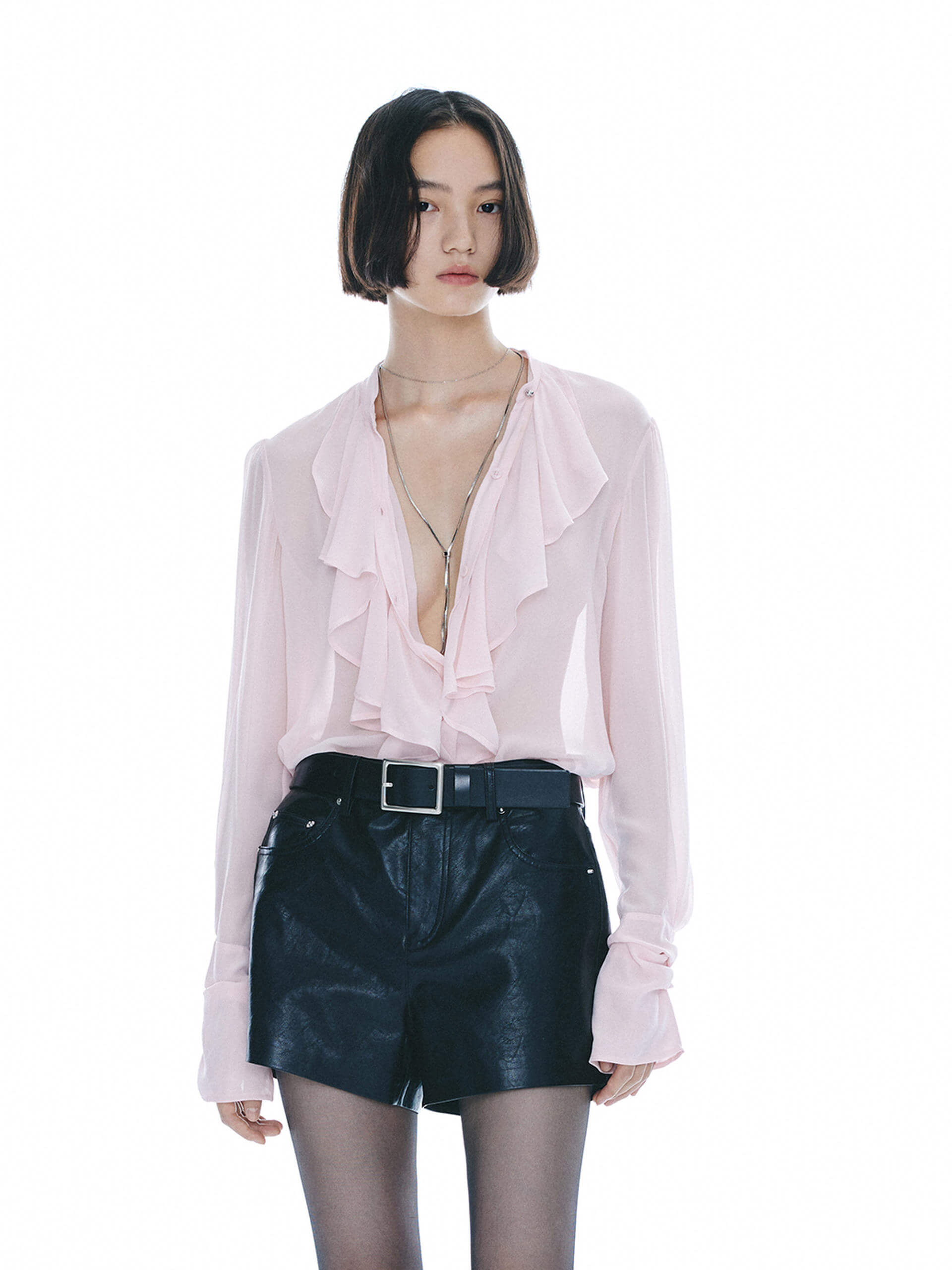 MO&Co. Noir Women's Pure Silk Ruffle Blouse Shirt with Camisole in Pink