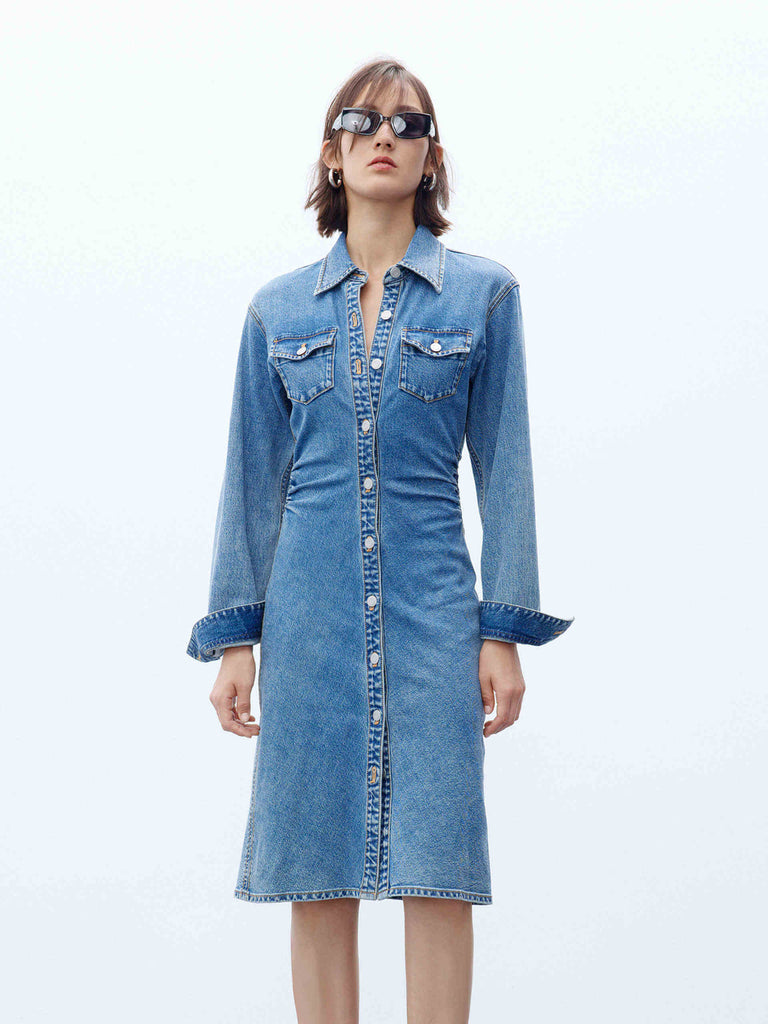 MO&Co. Women's Long Sleeve Side Pleated Slim Fit Midi Blue Denim Dress