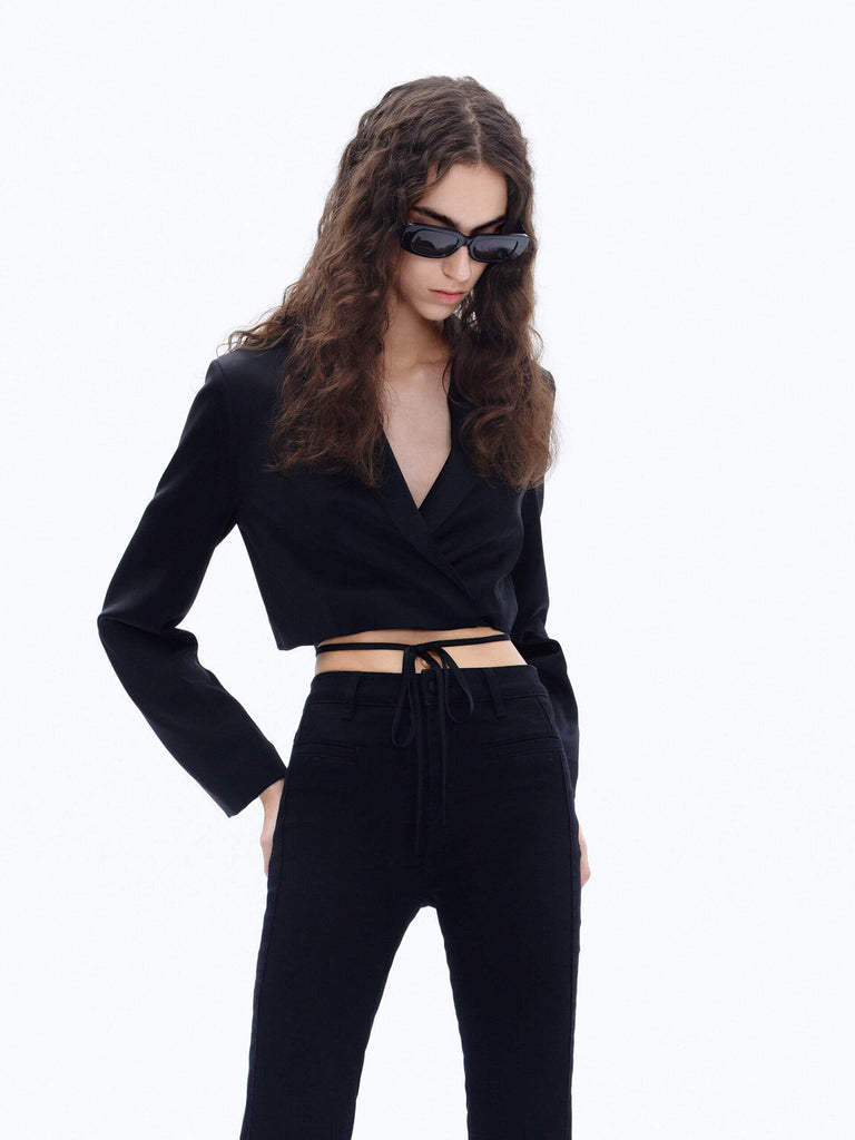 MO&Co. Women's Strap Details Satin Cropped Blazer in Black