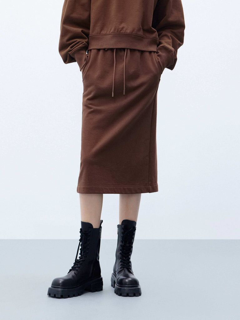 MO&Co. Women's Drawstring Waist Back Slit Casual Straight Midi Skirt Cotton in Brown