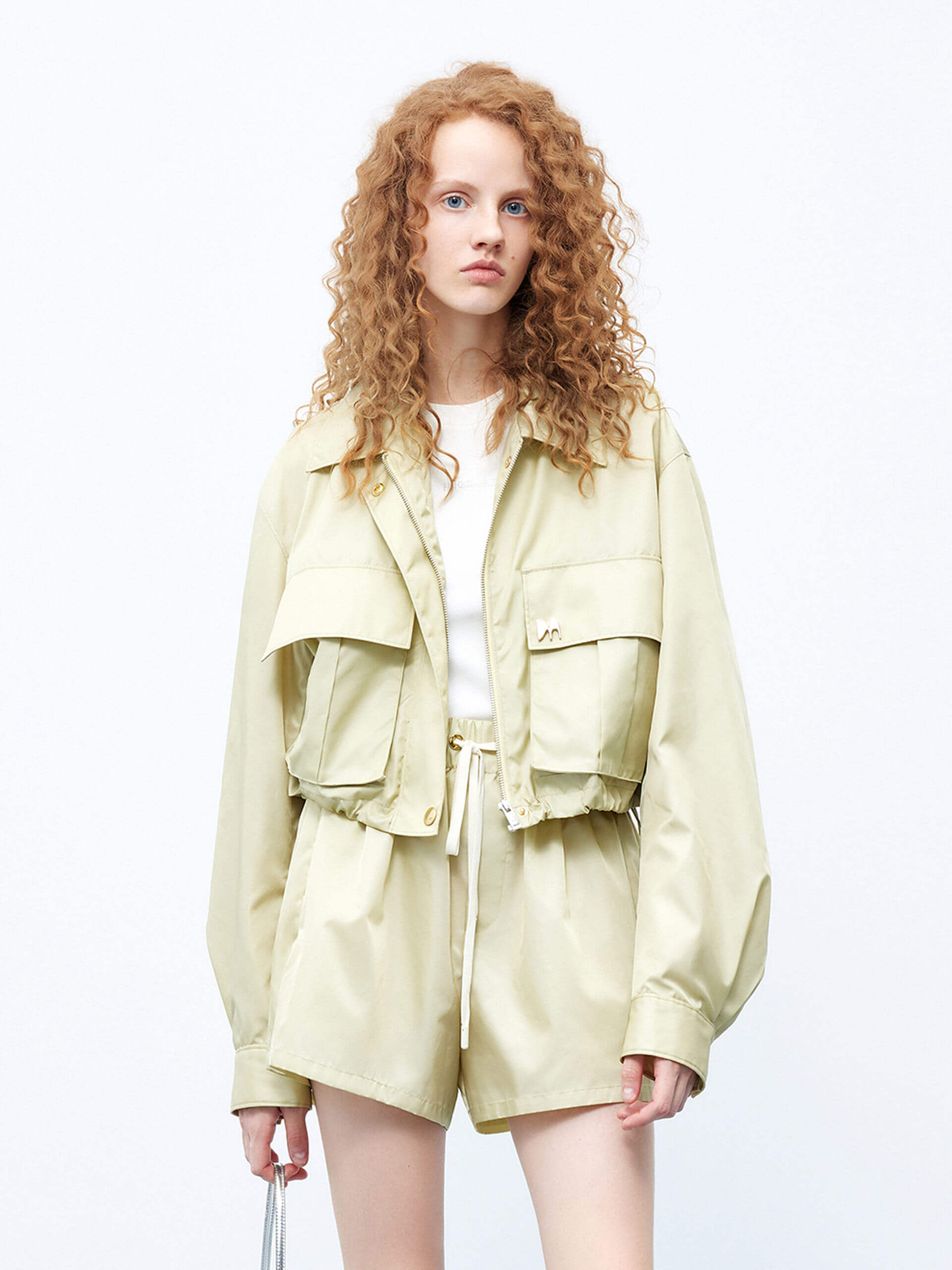 MO&Co. Women's Yellow Flat Pocket Drawstring Hem Crop Jacket