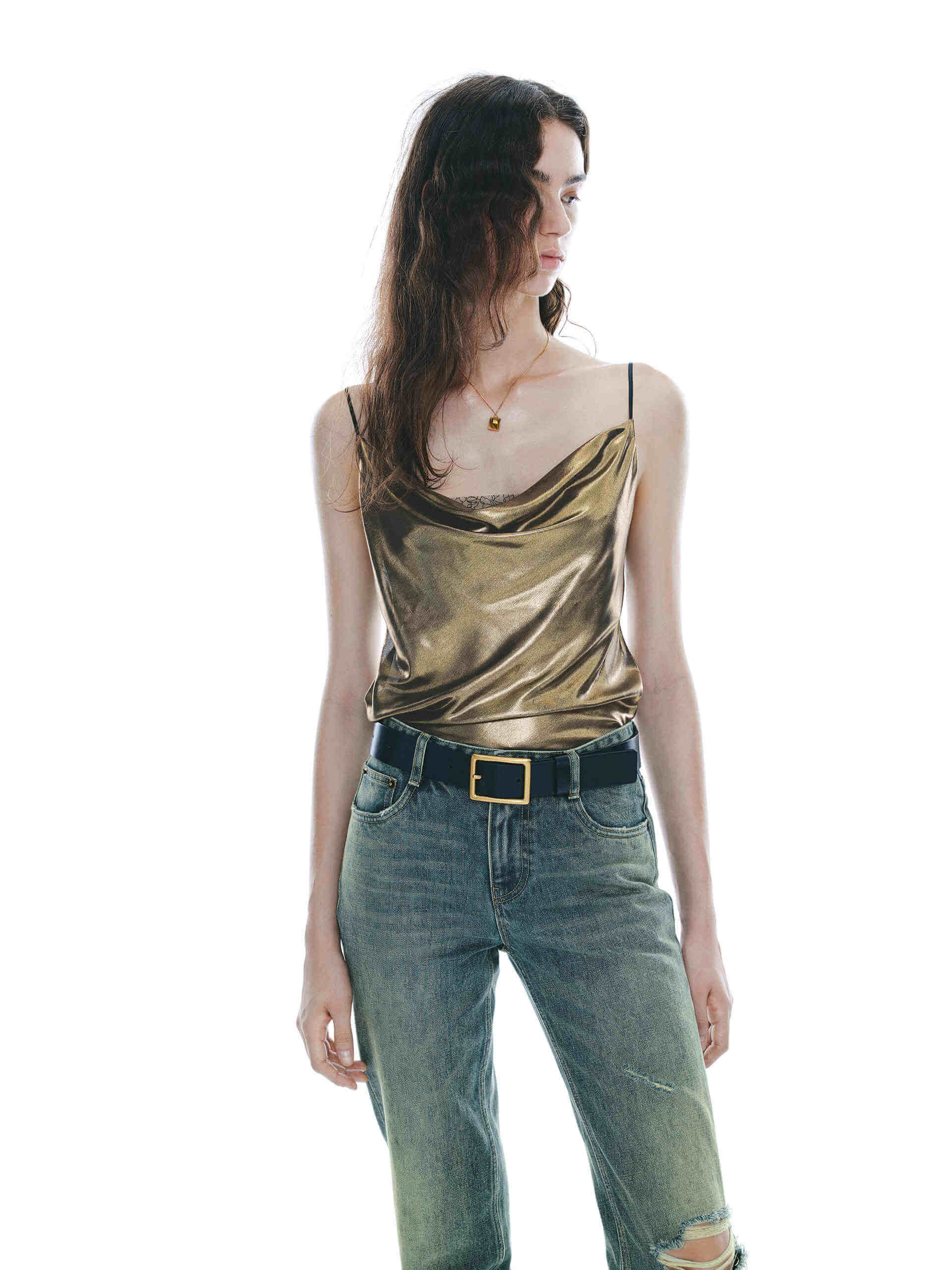 MO&Co. Noir Collection Women's Glossy Gold Waterfall Neck Camisole Top