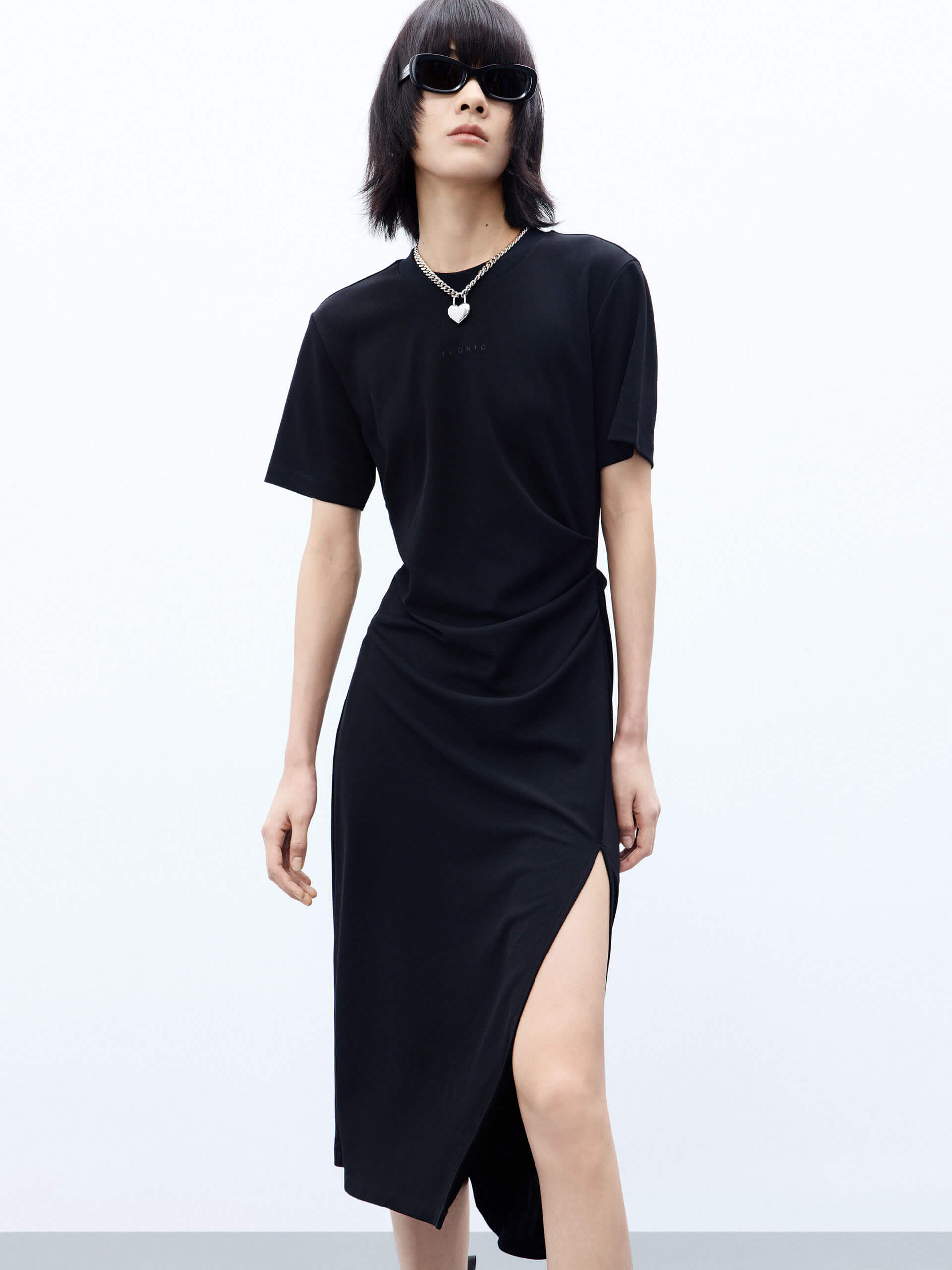 MO&Co. Women's Black Side Slit Midi Dress with Short Sleeves