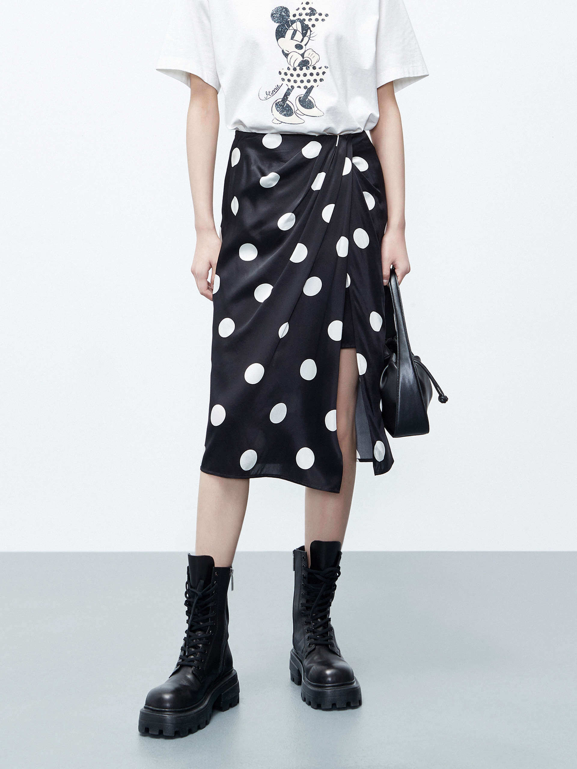 MO&Co. Women's Silk Blend Polka Dot Slit Midi Skirt