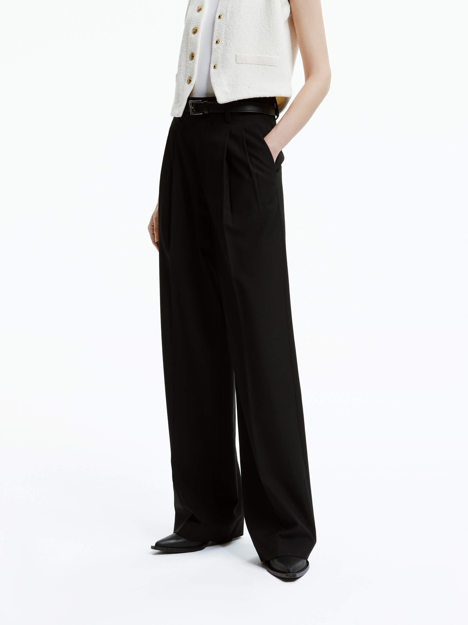 MO&Co. Women's Wide Leg Wool Blend Full Length Trousers Black