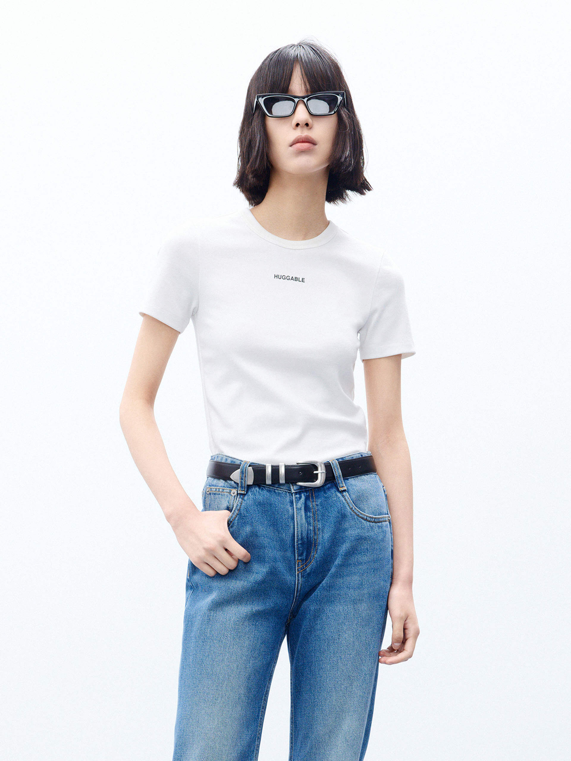 MO&Co. Women's Black Letter Print Cotton Blend Classic Slim Fit T-shirt