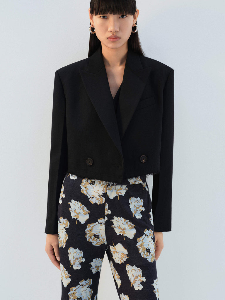 MO&Co. Women's Cropped Double-Breasted Luxury Wool Blazer in Black with padded shoulders
