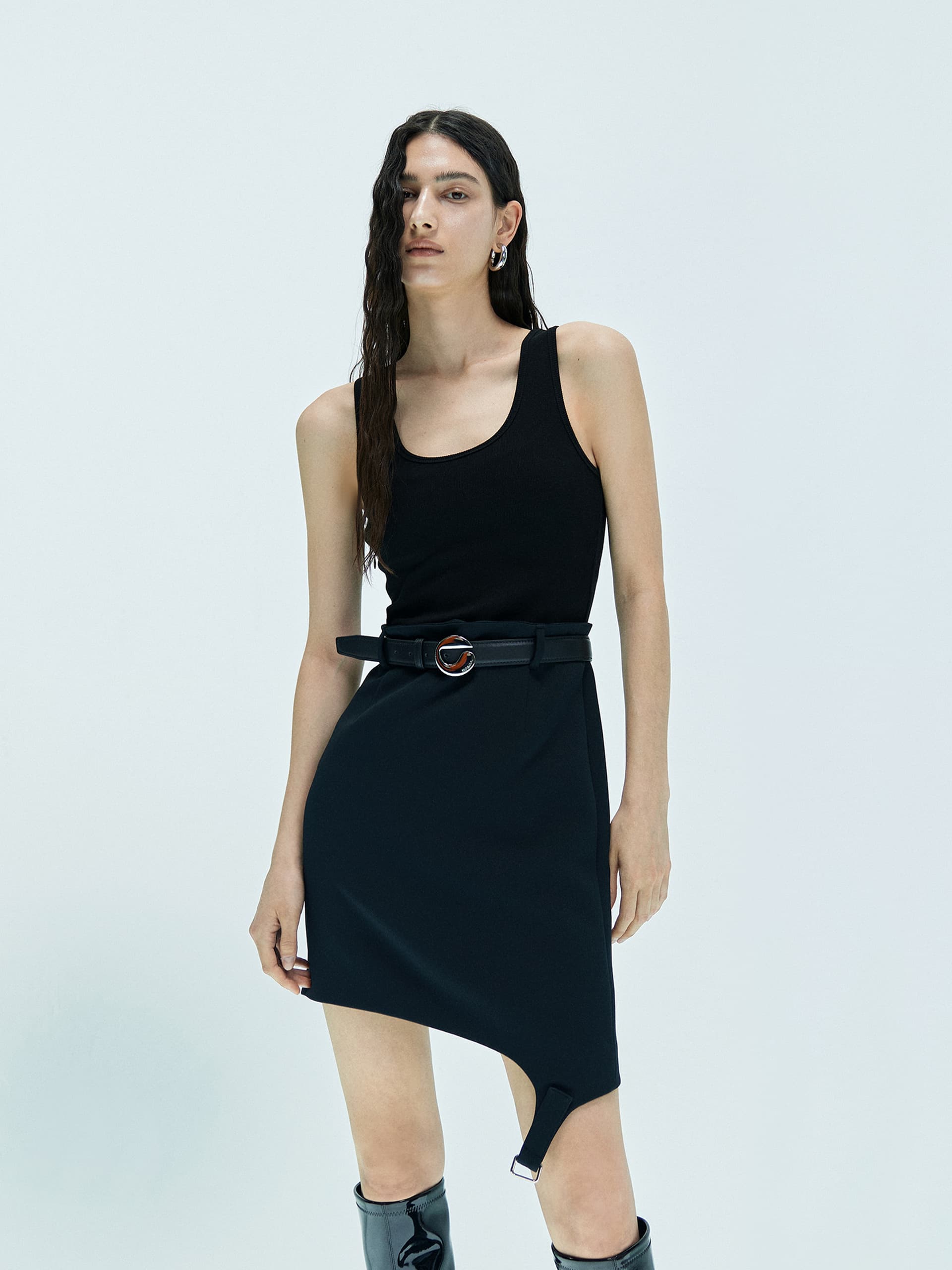 MO&Co. X Coperni Collection | Women's Belted Asymmetric Sleeveless Paneled Dress