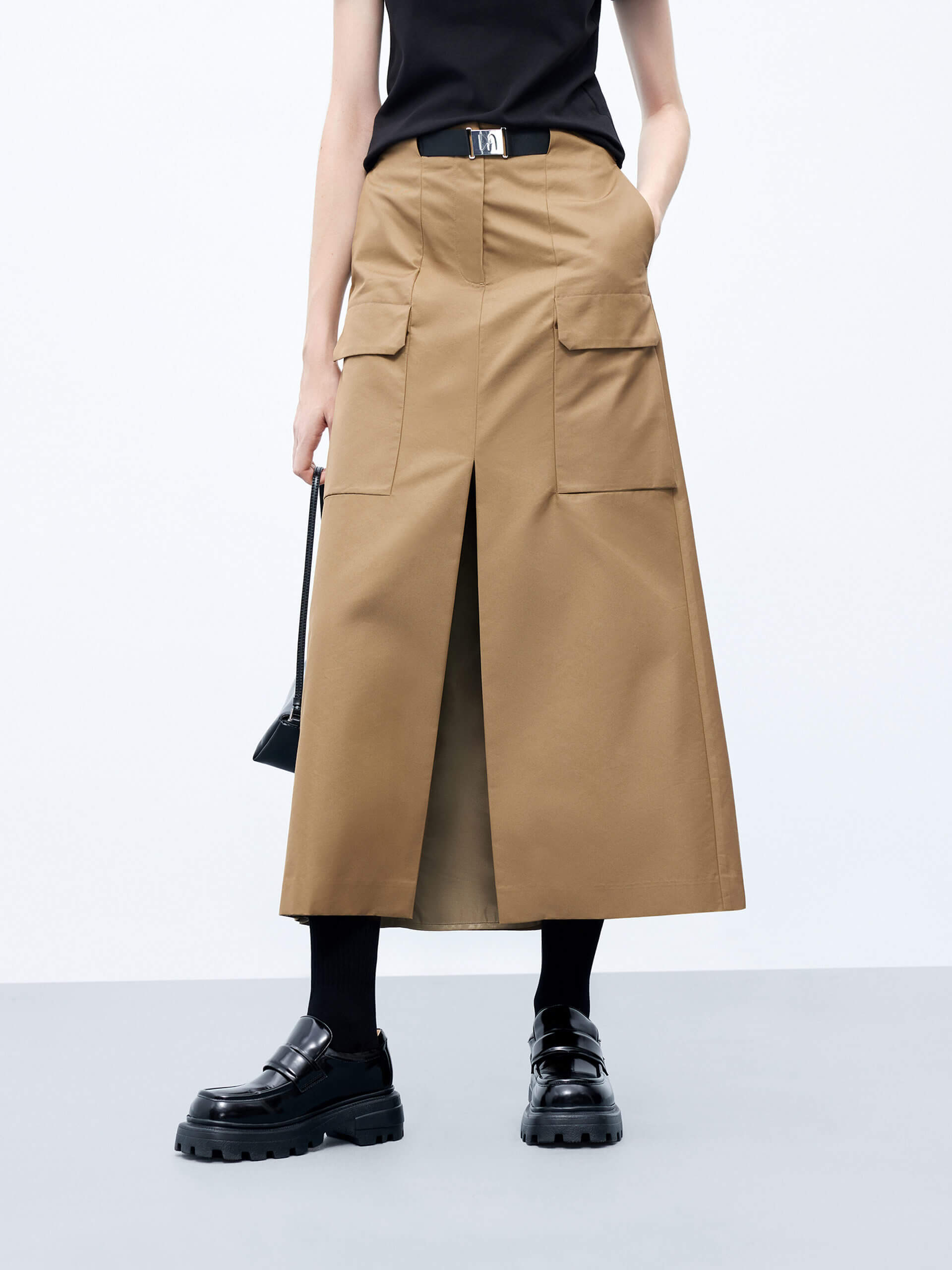 MO&Co. Women's Front Slit Belted Cargo Midi Skirt Urbancore in Camel/Khaki