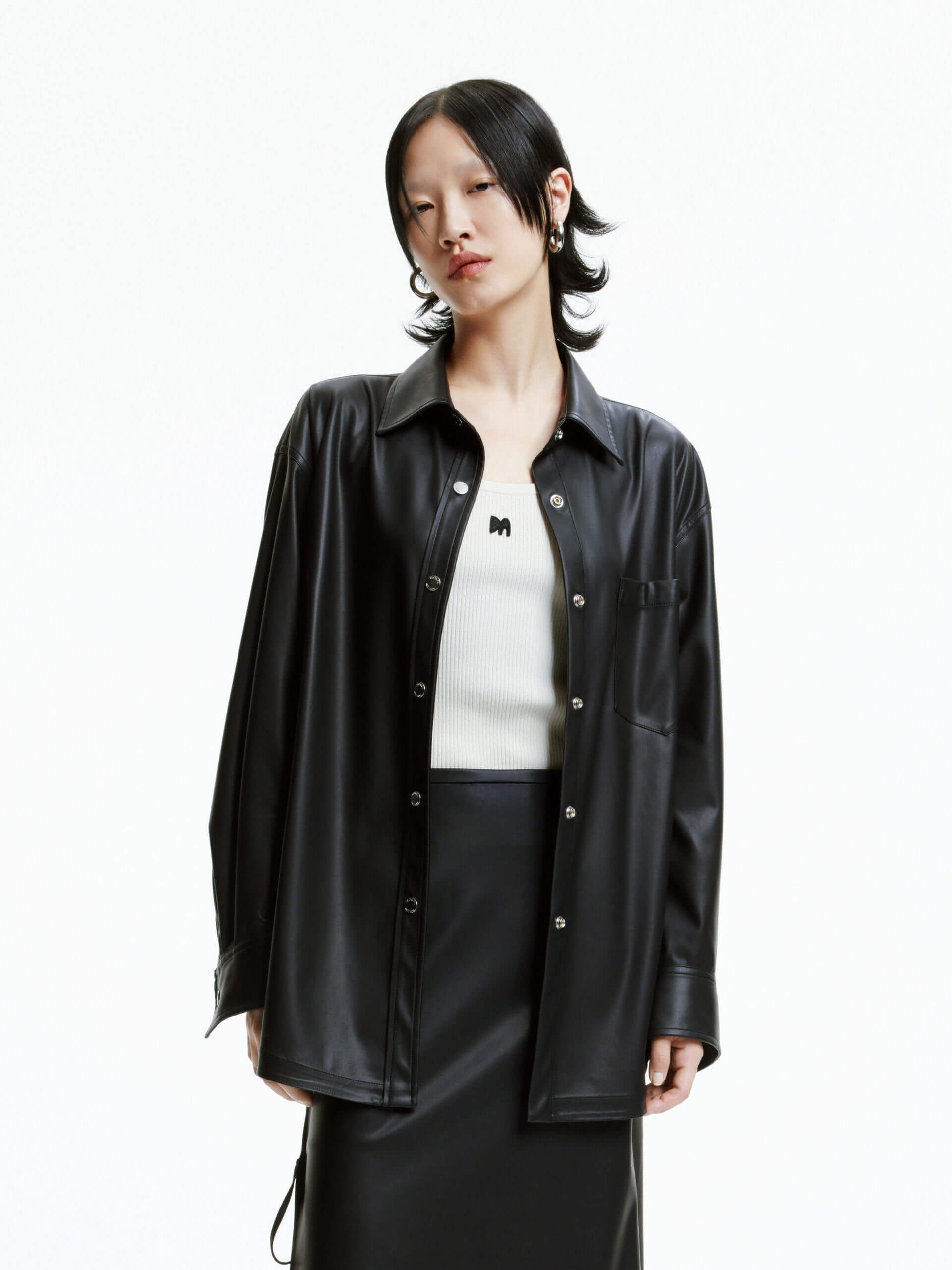 MO&Co. Women's Black Faux Leather Classic Overshirt