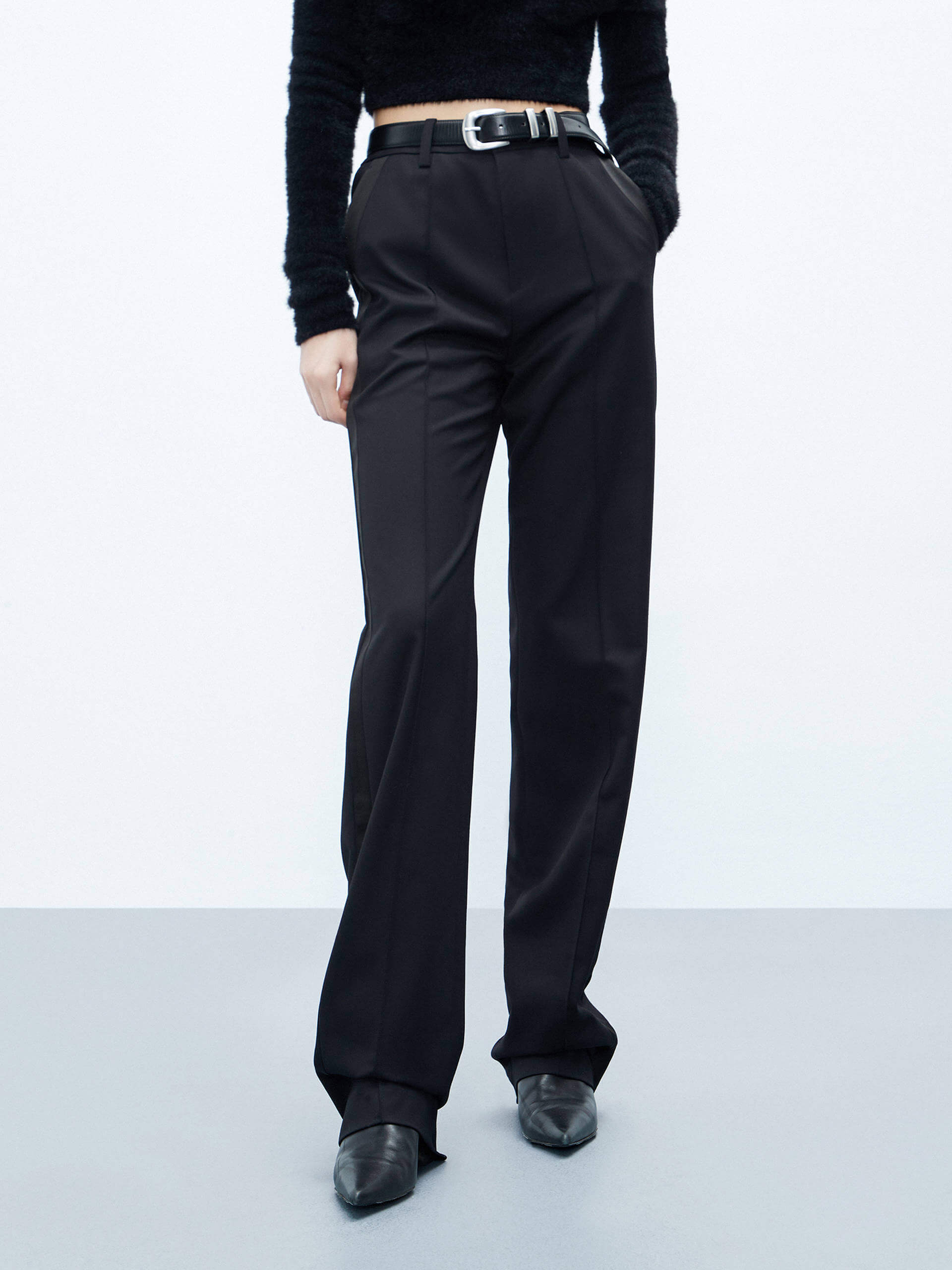 MO&Co. Women's Include Wool Straight Pants with Stain Side in Black