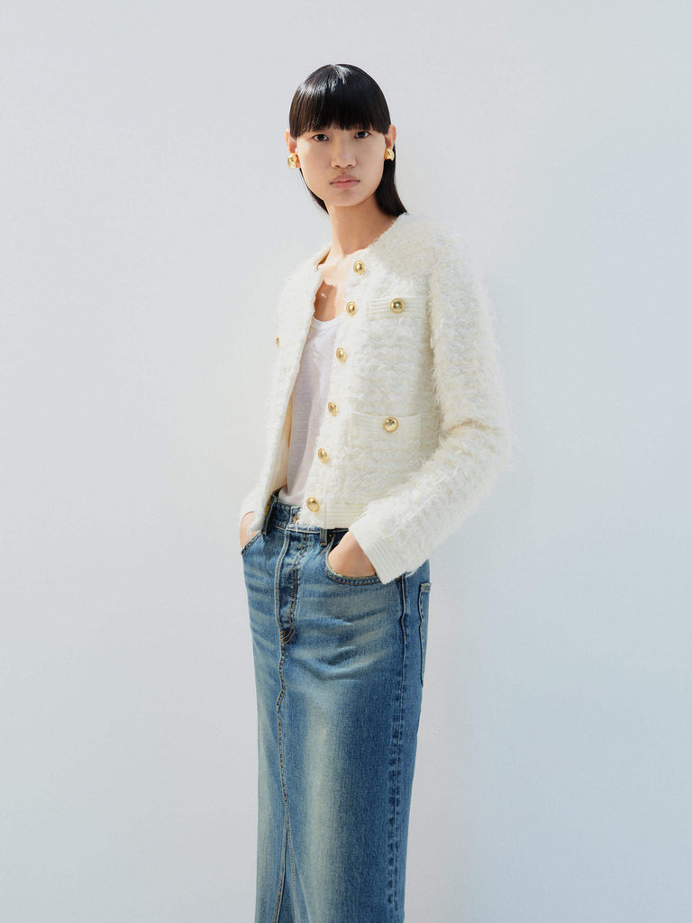 MO&Co. Noir Women's Metal Button Cropped Cardigan Beige features a shaggy texture and a cropped, boxy silhouette.