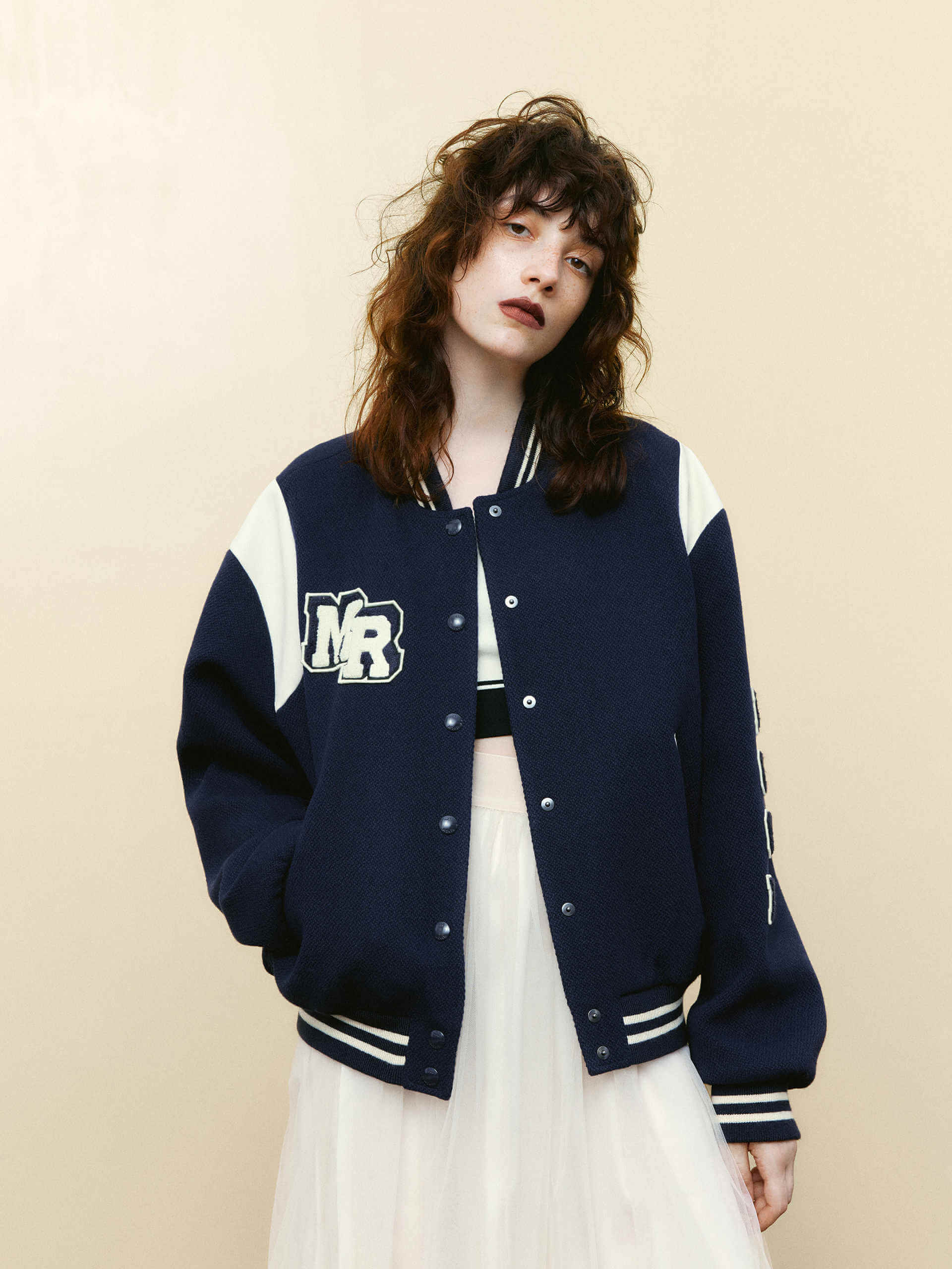 MO&Co. Women's Wool Blend Oversized College Varsity Bomber Jacket Loose Navy Blue