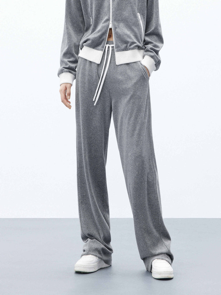 MO&Co. Women's Drawstring Waist Wide Straight Leg Velvet Pants Solid in Grey