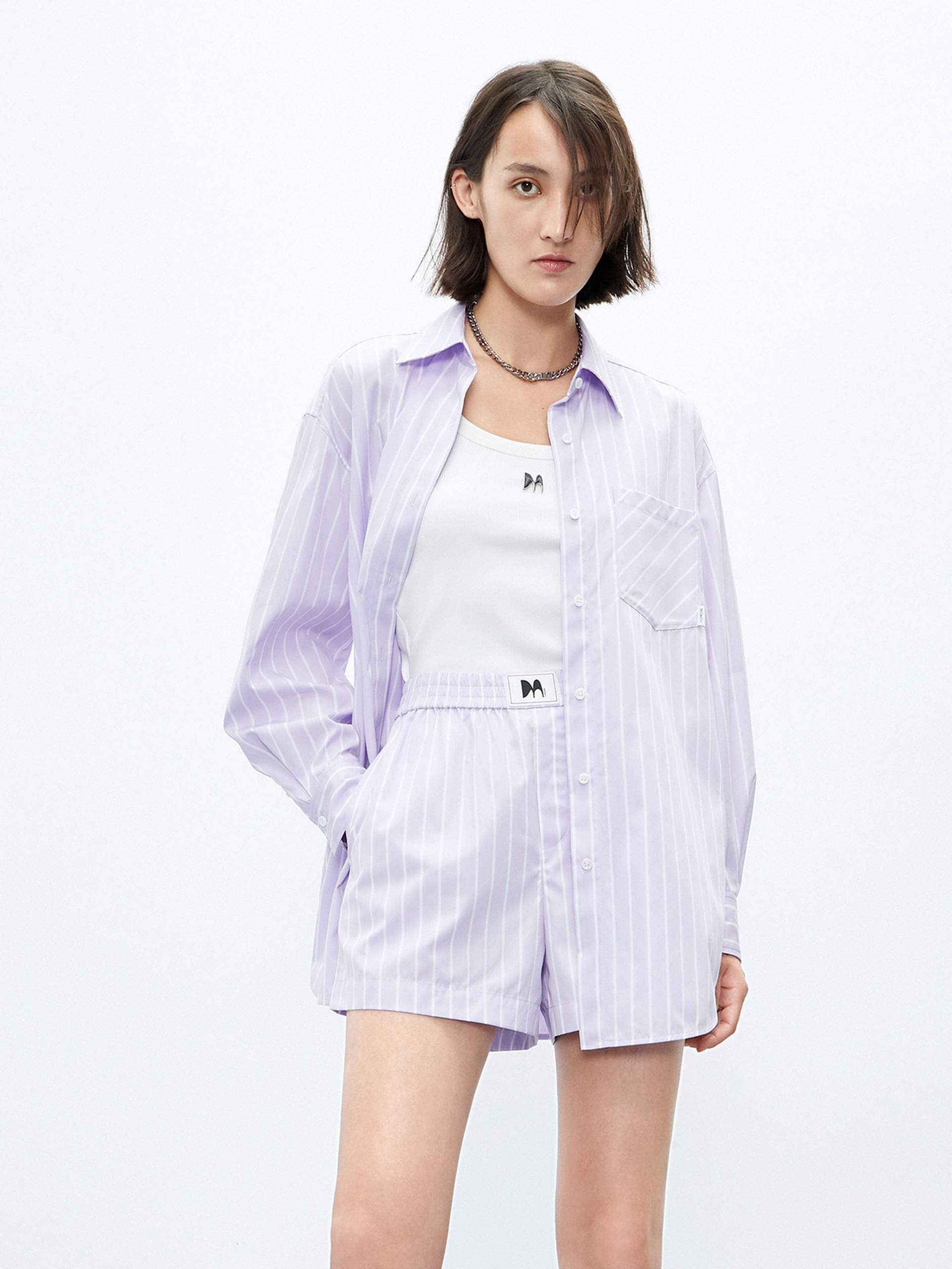 MO&Co. Women's Classic Relaxed Fit Striped Cotton Shirt in Purple