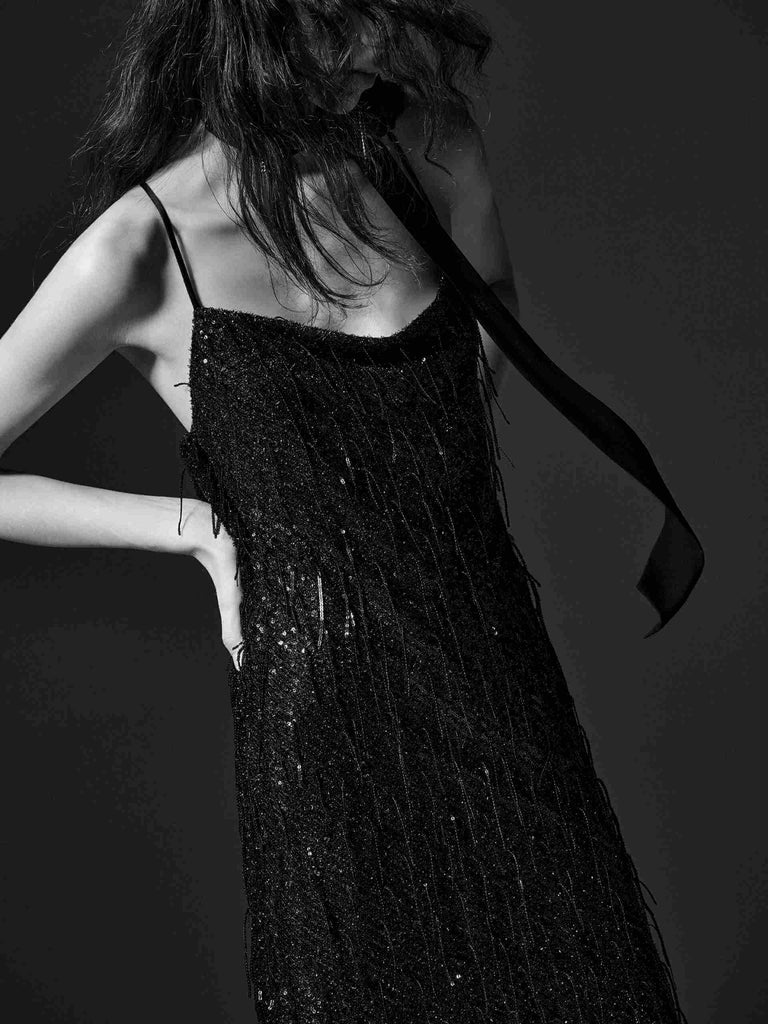 MO&Co. Noir Women's Fringed Detail Maxi Spaghetti Evening Dress Black