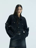 MO&Co. X Coperni Collection | Women's Paneled Open Elbow Black Denim Jacket