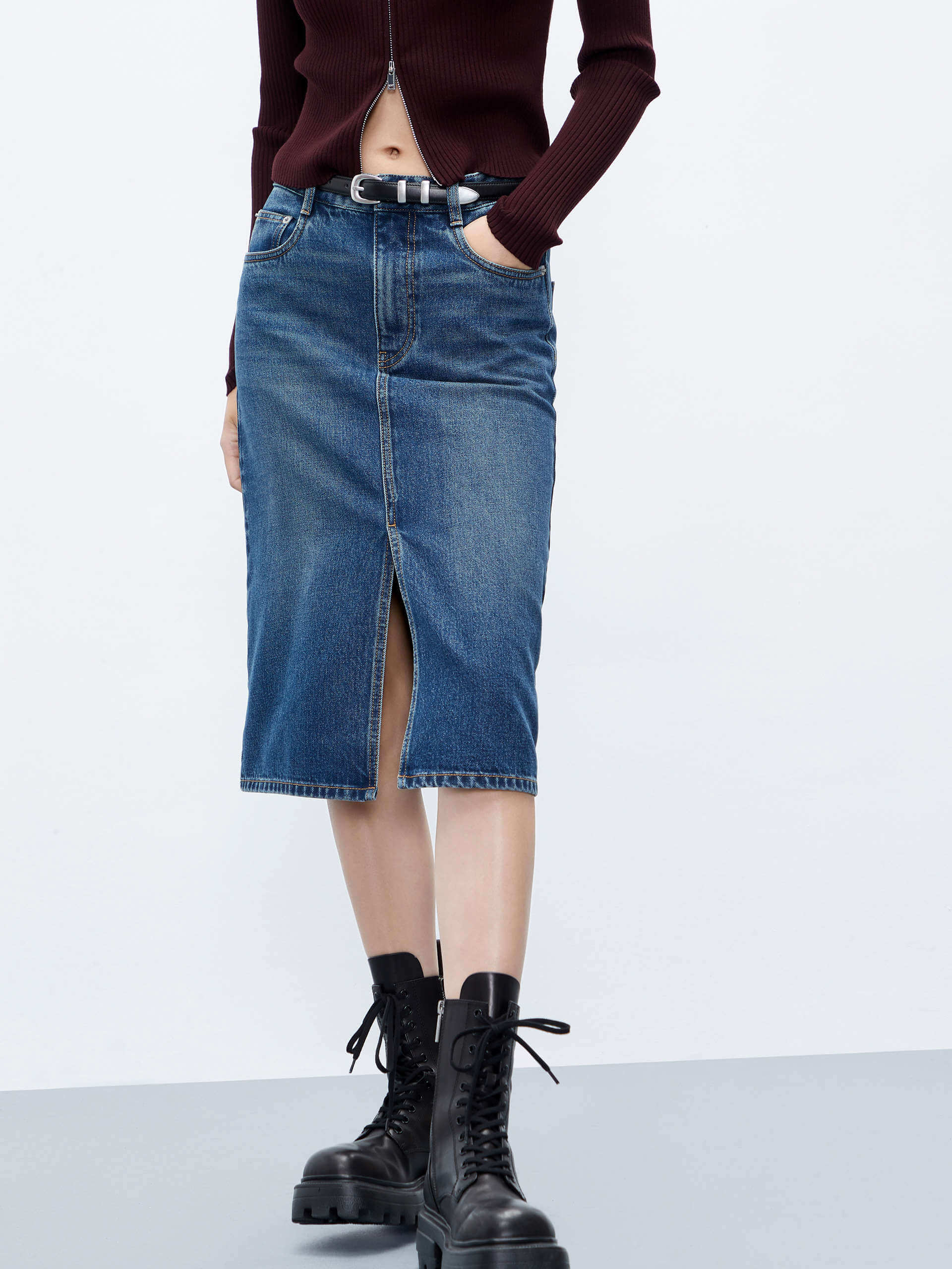 MO&Co. Women's Front Slit Straight Denim Midi Skirt in Blue