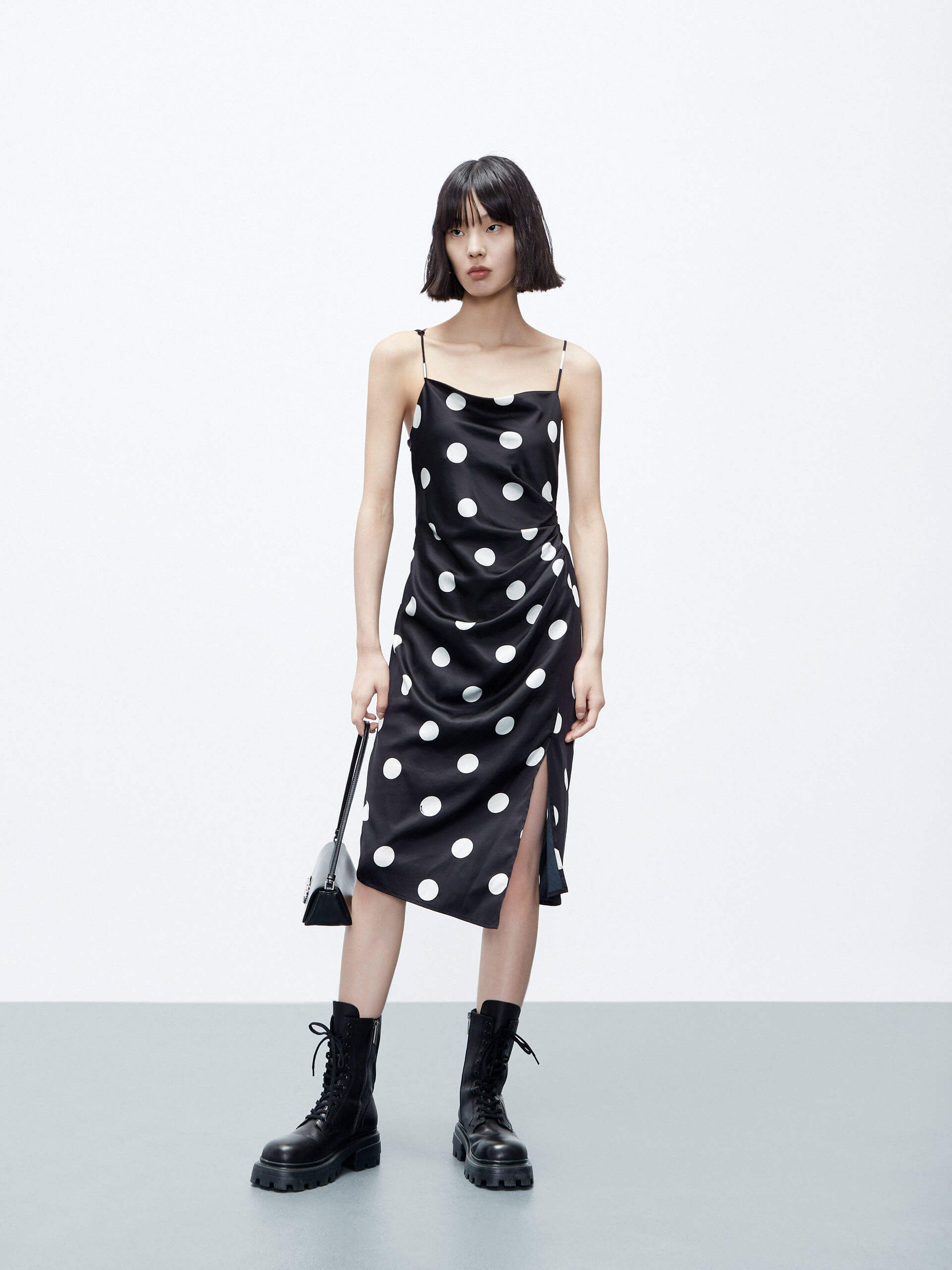 MO&Co. Women's Silk Blend Pleated Cami Dress in Black and White Polka Dot