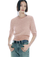 MO&Co. Noir Women's Ribbed Trim Short Sleeves Pullover Sweater in Light Pink with Metallic Fiber